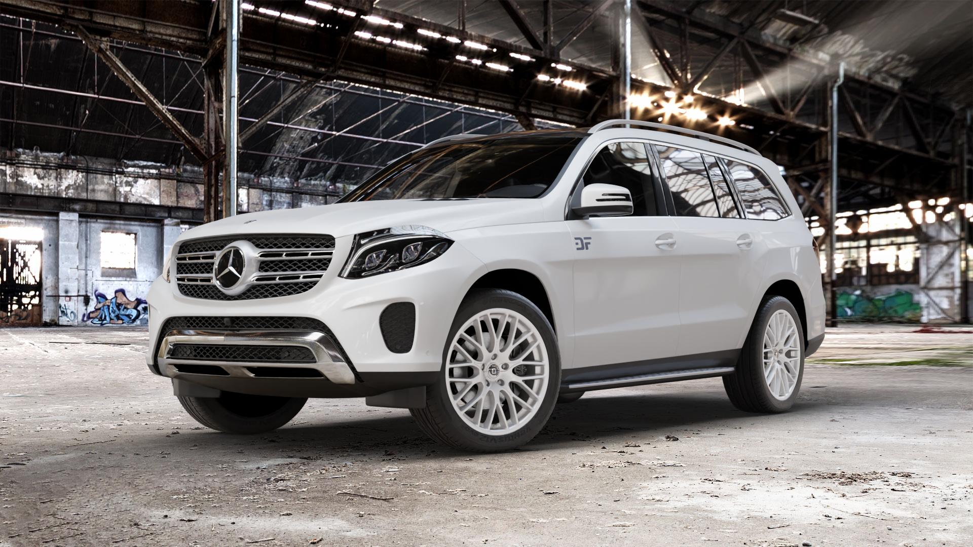 DIEWE WHEELS IMPATTO Argento silber Felge mit Reifen in 21Zoll Winterfelge Alufelge auf weissem Mercedes GLS-Klasse Typ 166 3,0l 350 D 4Matic 190kW (258 PS) 400 245kW (333 4,7l 500 335kW (455 5,5l 63 AMG 4-Matic 430kW (585 ⬇️ mit 15mm Tieferlegung ⬇️ Old Industrial Hall_max_5300mm_2024 Frontansicht_1