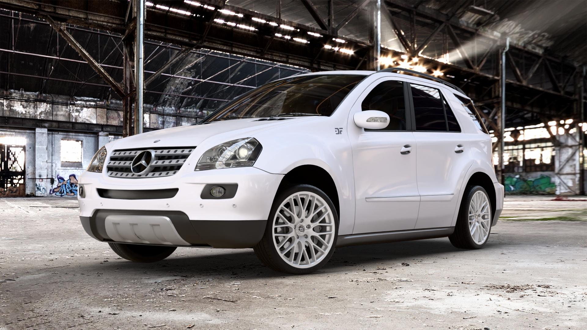 DIEWE WHEELS IMPATTO Argento silber Felge mit Reifen in 21Zoll Winterfelge Alufelge auf weissem Mercedes M-Klasse Typ W164 ⬇️ mit 15mm Tieferlegung ⬇️ Old Industrial Hall_max_5300mm_2024 Frontansicht_1