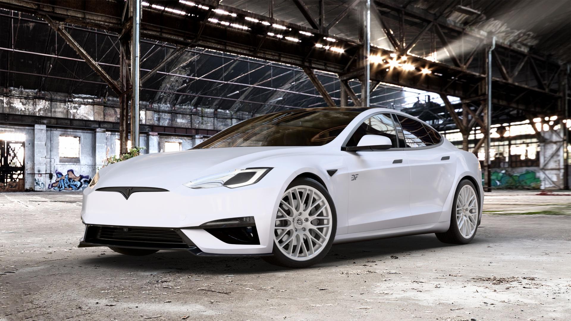 DIEWE WHEELS IMPATTO Argento silber Felge mit Reifen in 21Zoll Winterfelge Alufelge auf weissem Tesla Model S Typ 006 0,0l 357kW Plaid AWD (485 PS) ⬇️ mit 15mm Tieferlegung ⬇️ Old Industrial Hall_max_5300mm_2024 Frontansicht_1