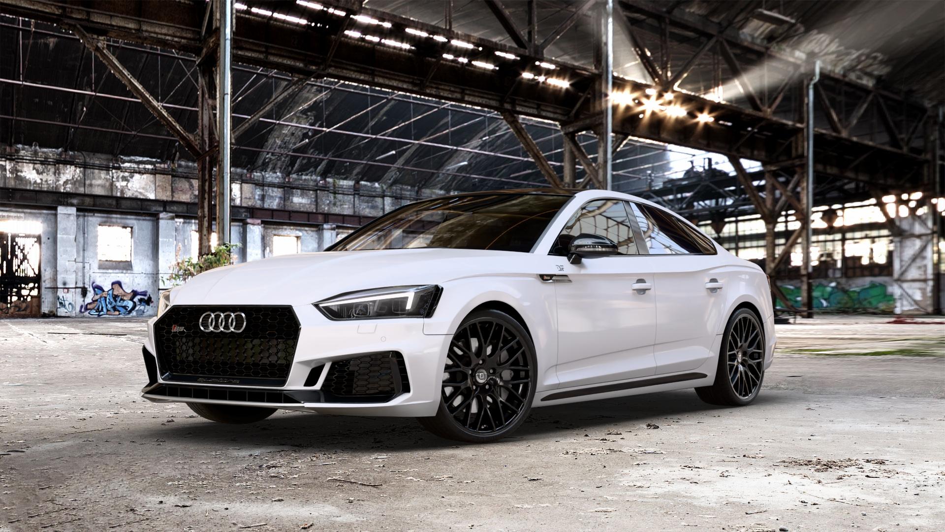 DIEWE WHEELS IMPATTO NeroS Felge mit Reifen grau schwarz in 20Zoll Winterfelge Alufelge auf weissem Audi A5 Typ B9 (Sportback) 3,0l S5 TFSI quattro 260kW (354 PS) 2,9l RS5 331kW (450 TDI 255kW Mild-Hybrid (347 ⬇️ mit 15mm Tieferlegung ⬇️ Old Industrial Hall_max_5300mm_2024 Frontansicht_1