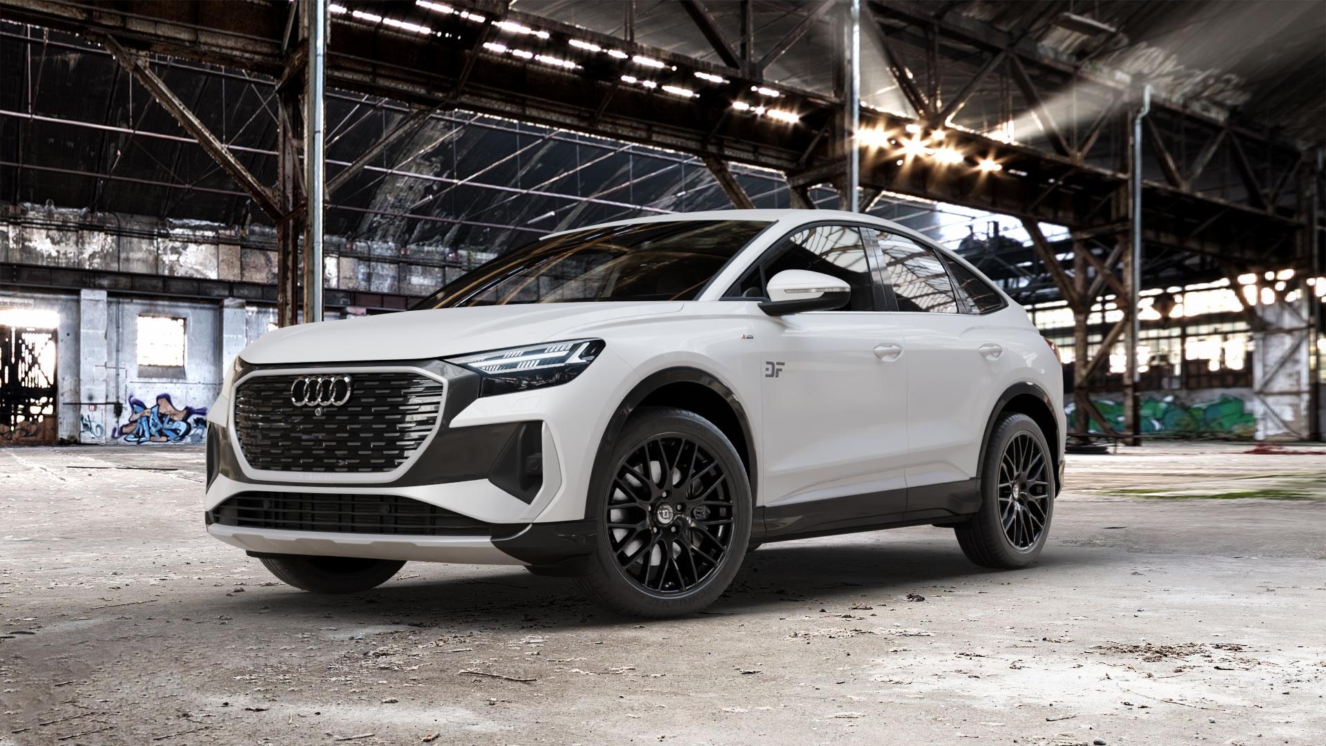 DIEWE WHEELS IMPATTO NeroS Felge mit Reifen grau schwarz in 20Zoll Winterfelge Alufelge auf weissem Audi Q4 Sportback Typ FZ e-tron ⬇️ mit 15mm Tieferlegung ⬇️ Old Industrial Hall_max_5300mm_2024 Frontansicht_1