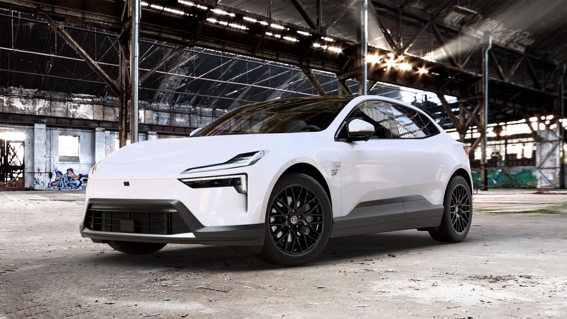 DIEWE WHEELS IMPATTO NeroS Felge mit Reifen grau schwarz in 20Zoll Winterfelge Alufelge auf weissem Polestar 4 0,0l 75kW (102 PS) 150kW AWD (204 ⬇️ mit 15mm Tieferlegung ⬇️ Old Industrial Hall_max_5300mm_2024 Frontansicht_1