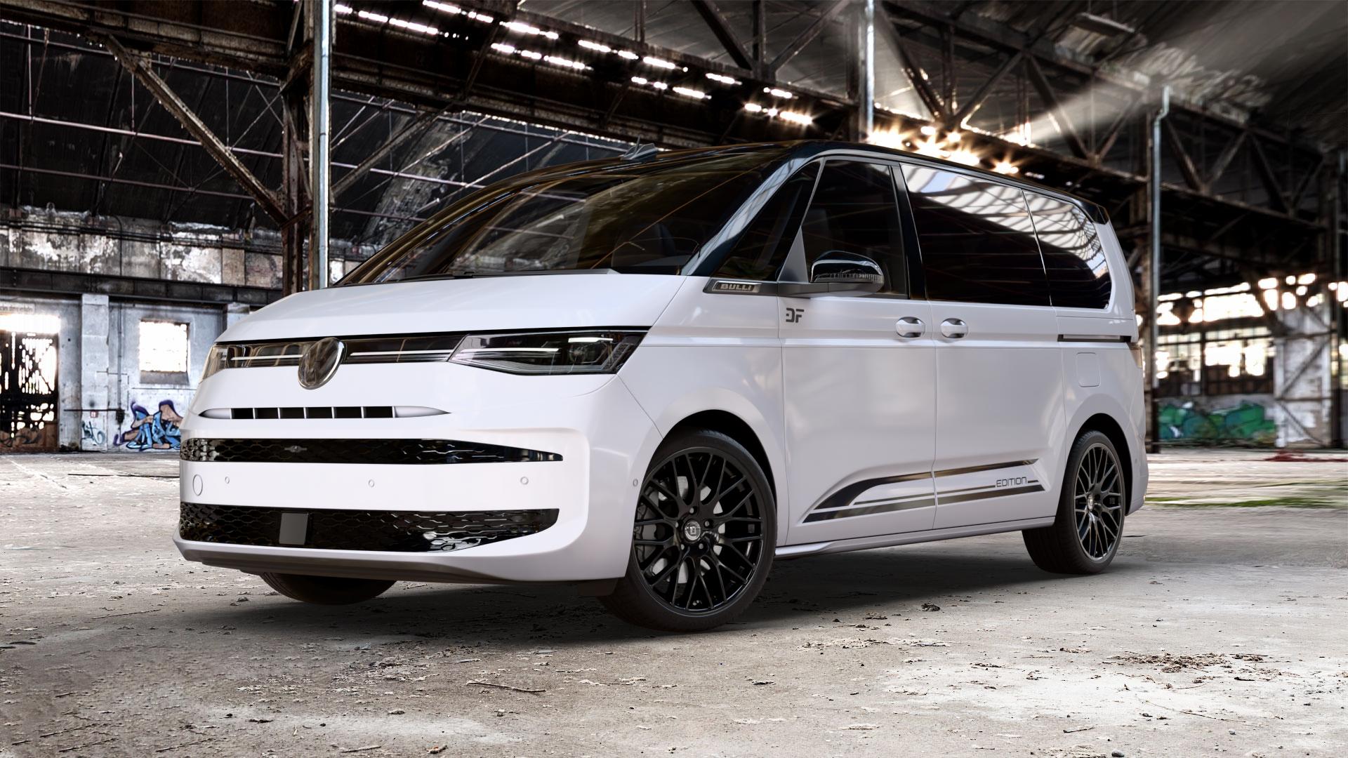 DIEWE WHEELS IMPATTO NeroS Felge mit Reifen grau schwarz in 20Zoll Winterfelge Alufelge auf weissem und schwarzem Volkswagen (VW) T7 Multivan Bus ⬇️ mit 15mm Tieferlegung ⬇️ Old Industrial Hall_max_5300mm_2024 Frontansicht_1