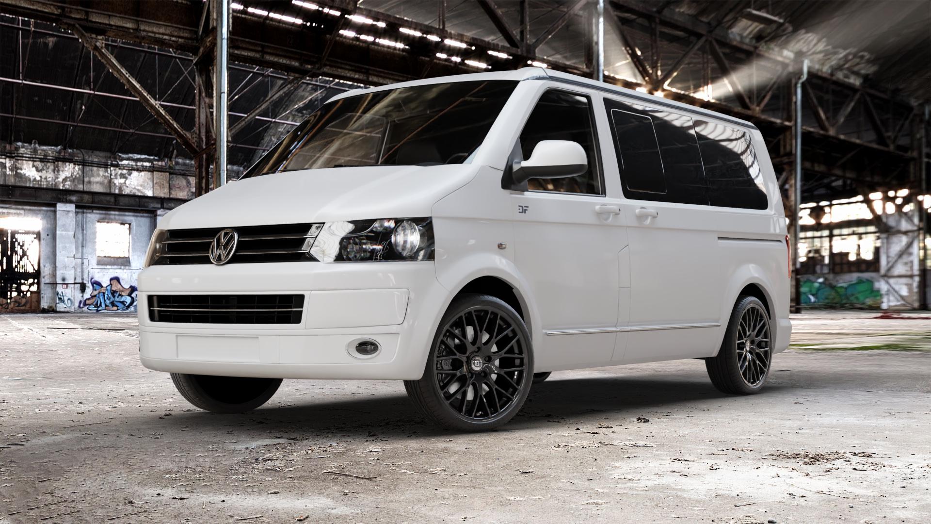 DIEWE WHEELS IMPATTO NeroS Felge mit Reifen grau schwarz in 20Zoll Winterfelge Alufelge auf weissem Volkswagen (VW) T5 California ⬇️ mit 15mm Tieferlegung ⬇️ Old Industrial Hall_max_5300mm_2024 Frontansicht_1