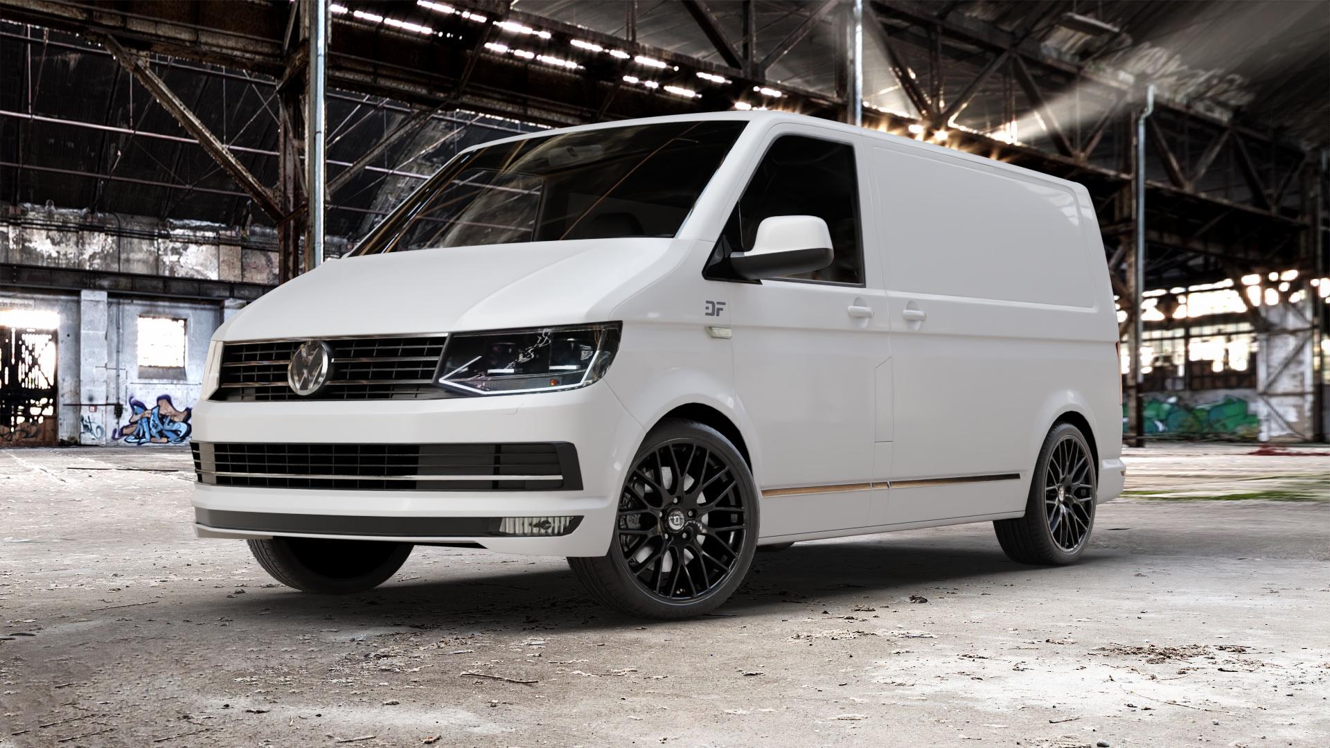 DIEWE WHEELS IMPATTO NeroS Felge mit Reifen grau schwarz in 20Zoll Winterfelge Alufelge auf weissem Volkswagen (VW) T6 Kastenwagen ⬇️ mit 15mm Tieferlegung ⬇️ Old Industrial Hall_max_5300mm_2024 Frontansicht_1