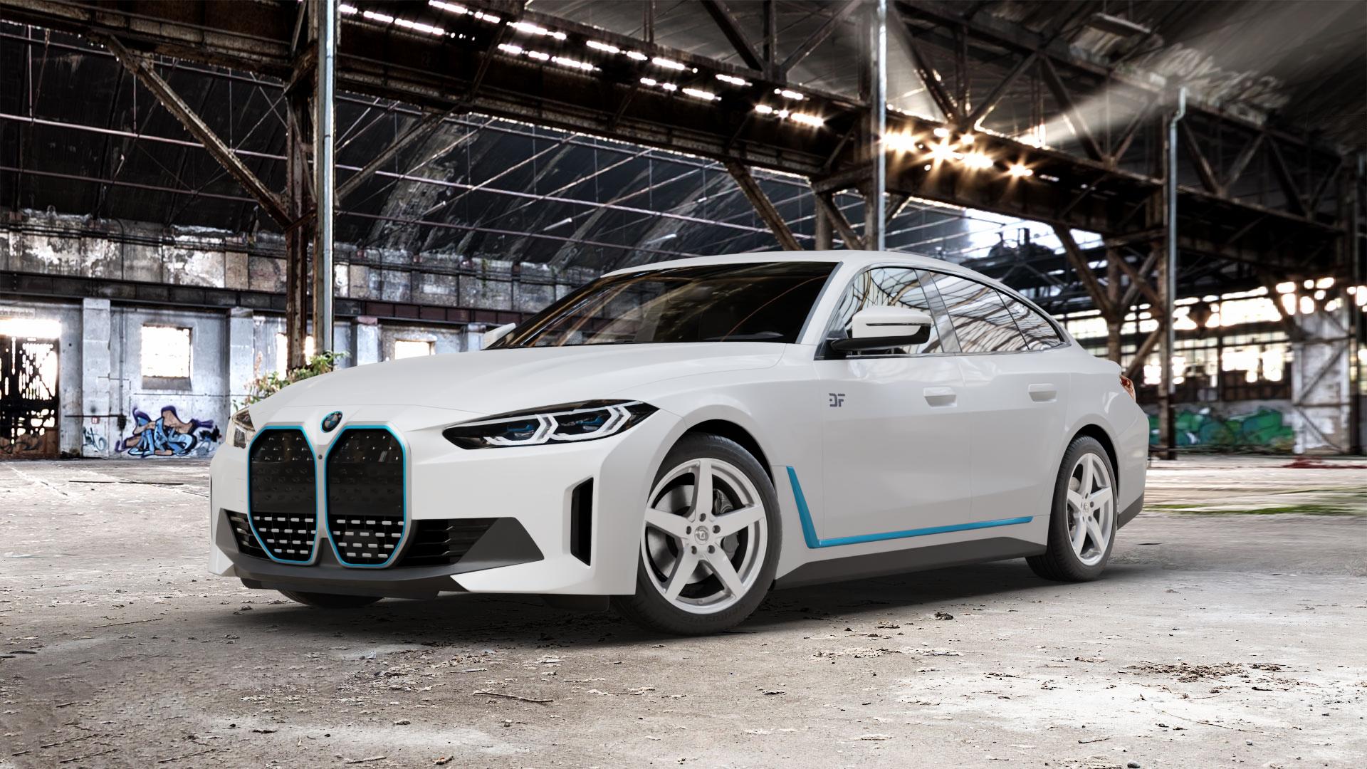 DIEWE WHEELS INVERNO Argento silber Felge mit Reifen in 18Zoll Winterfelge Alufelge auf weissem BMW i4 (G4C) ⬇️ mit 15mm Tieferlegung ⬇️ Old Industrial Hall_max_5300mm_2024 Frontansicht_1