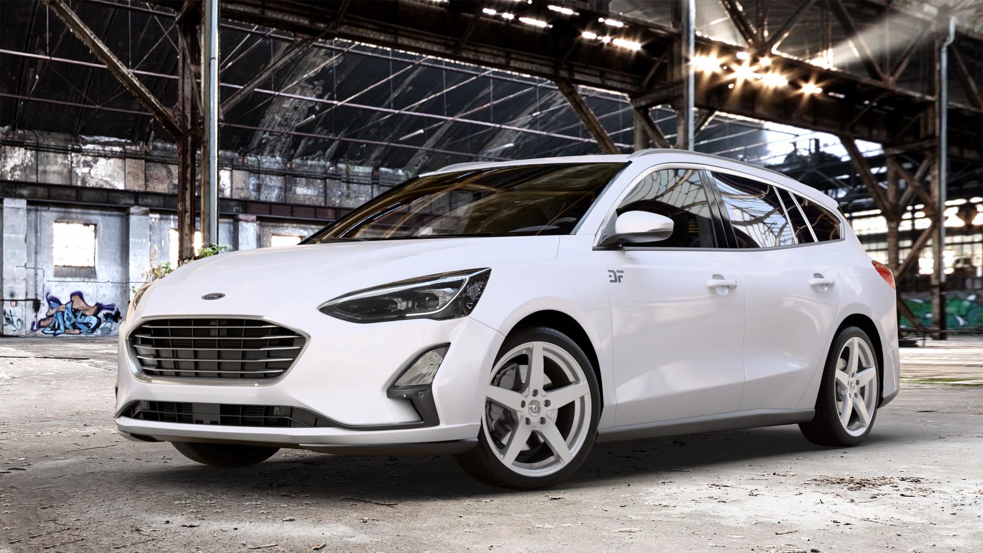 DIEWE WHEELS INVERNO Argento silber Felge mit Reifen in 18Zoll Winterfelge Alufelge auf weissem Ford Focus IV Typ DEH (Turnier) ⬇️ mit 15mm Tieferlegung ⬇️ Old Industrial Hall_max_4400mm_2024 Frontansicht_1