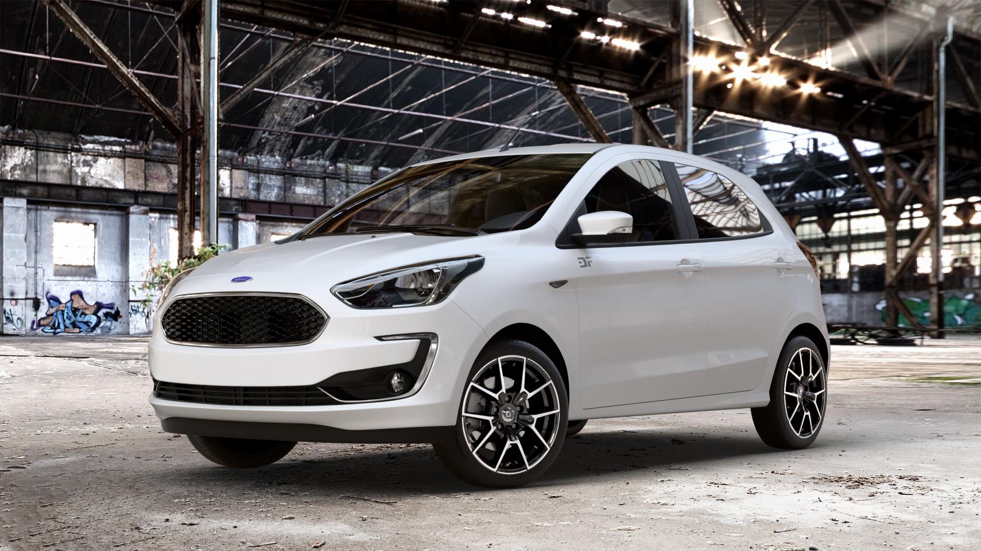 DIEWE WHEELS NEVE Black Diamond Felge mit Reifen silber schwarz in 16Zoll Winterfelge Alufelge auf weissem Ford KA+ Typ KAF ACTIVE Facelift KA ⬇️ mit 15mm Tieferlegung ⬇️ Old Industrial Hall_max_4400mm_2024 Frontansicht_1