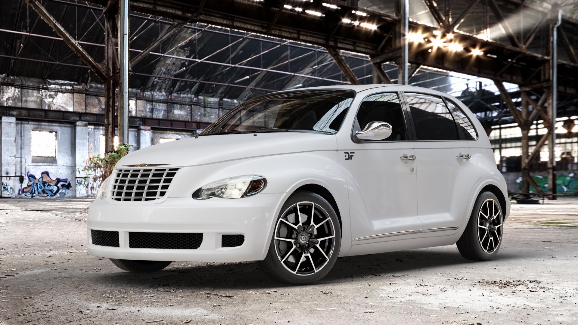 DIEWE WHEELS NEVE Black Diamond Felge mit Reifen silber schwarz in 17Zoll Winterfelge Alufelge auf weissem Chrysler PT Cruiser Cabriolet ⬇️ mit 15mm Tieferlegung ⬇️ Old Industrial Hall_max_4400mm_2024 Frontansicht_1