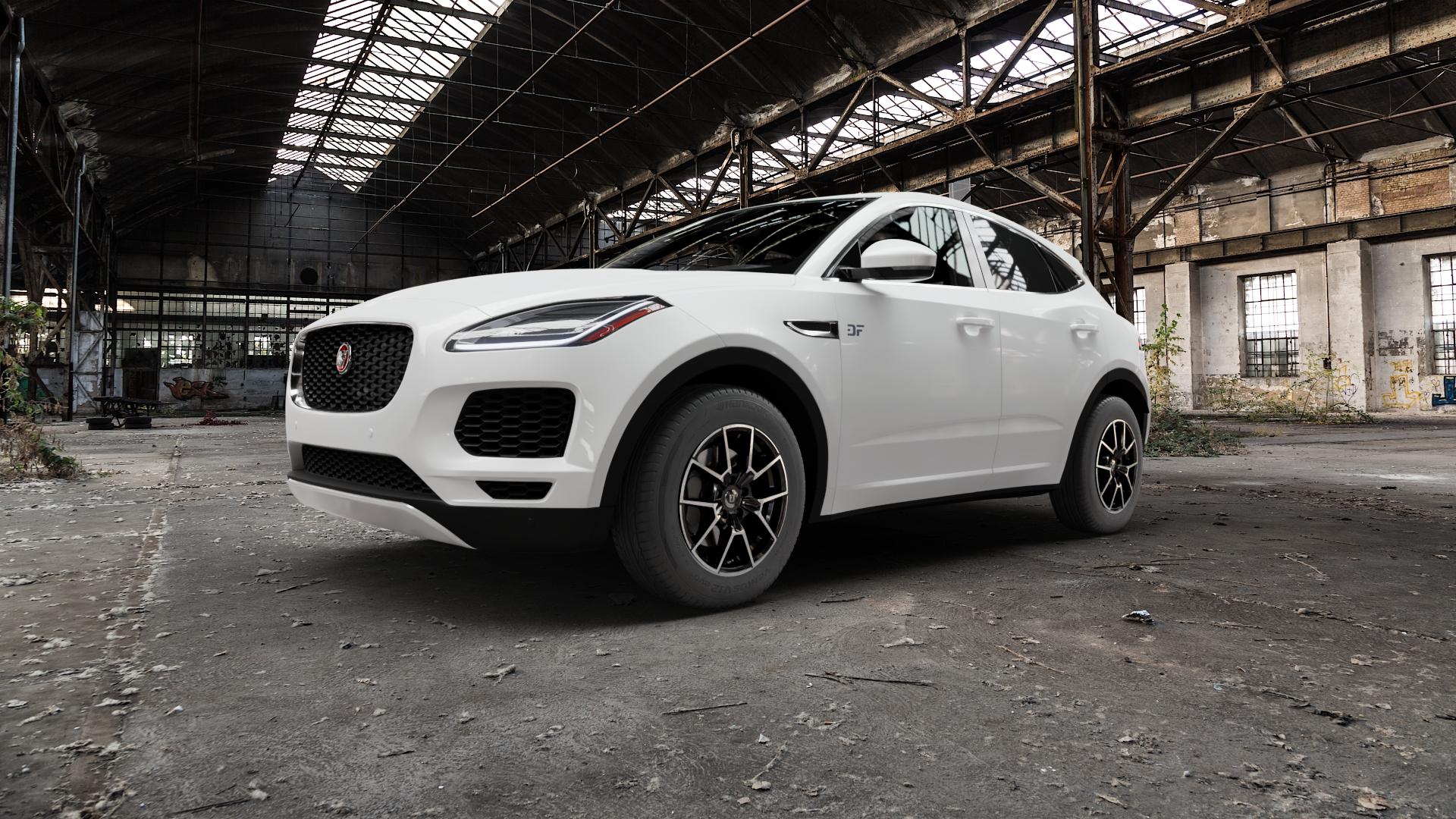 DIEWE WHEELS NEVE Black Diamond Felge mit Reifen silber schwarz in 17Zoll Winterfelge Alufelge auf weissem Jaguar E-Pace Typ DF ⬇️ mit 15mm Tieferlegung ⬇️ Old Industrial Hall_max5000mm_2022 Frontansicht_1
