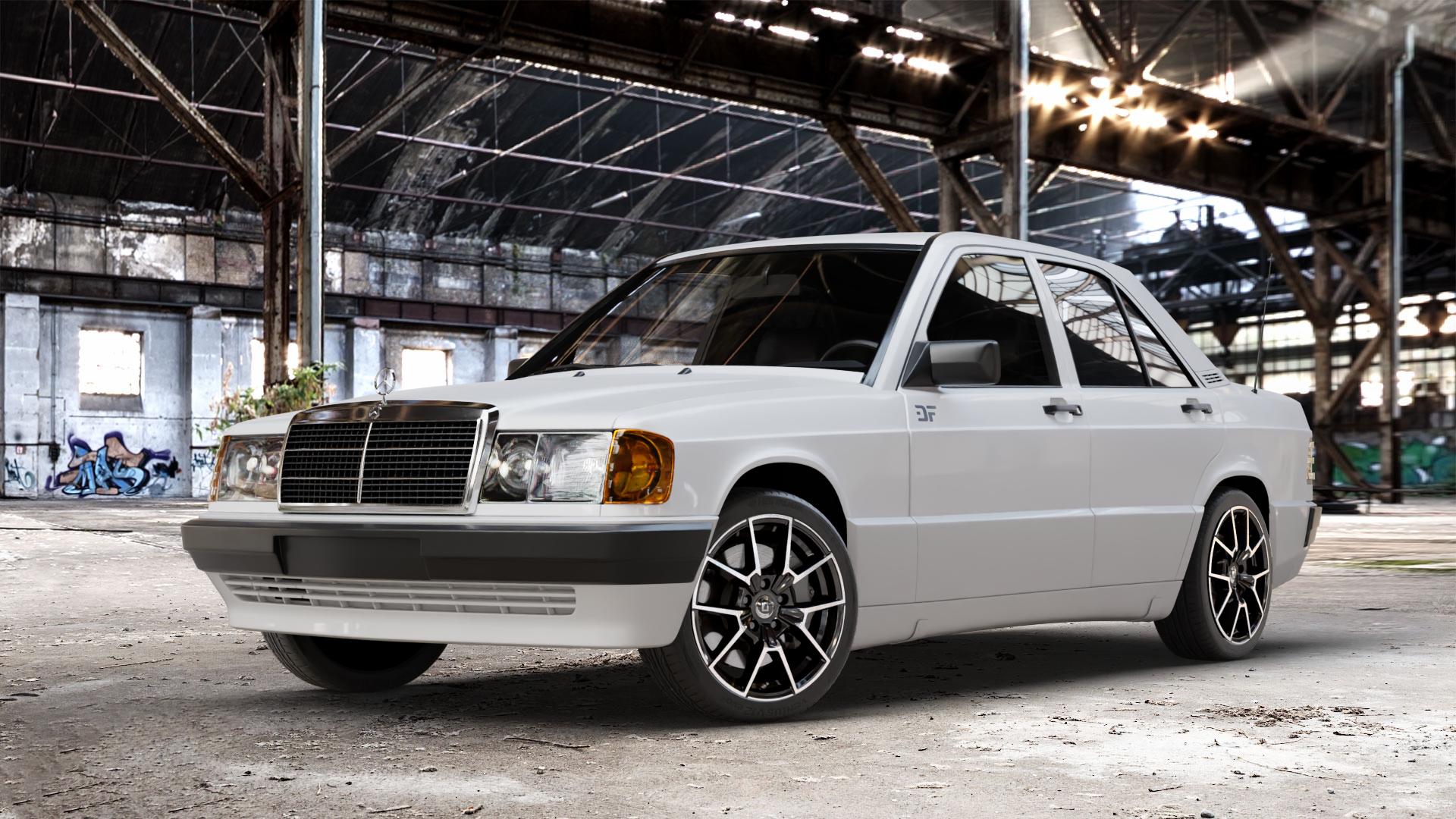 DIEWE WHEELS NEVE Black Diamond Felge mit Reifen silber schwarz in 17Zoll Winterfelge Alufelge auf weissem Mercedes 190 Typ W201 190er ⬇️ mit 15mm Tieferlegung ⬇️ Old Industrial Hall_max_4400mm_2024 Frontansicht_1