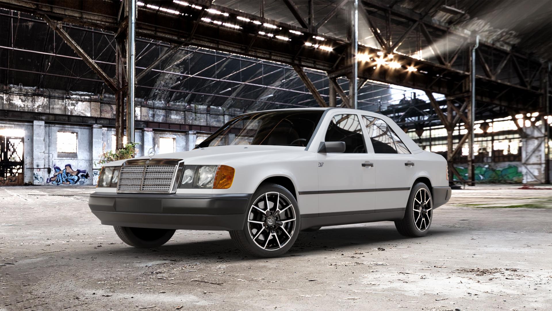 DIEWE WHEELS NEVE Black Diamond Felge mit Reifen silber schwarz in 17Zoll Winterfelge Alufelge auf weissem Mercedes E-Klasse Typ W124 Limousine ⬇️ mit 15mm Tieferlegung ⬇️ Old Industrial Hall_max_5300mm_2024 Frontansicht_1