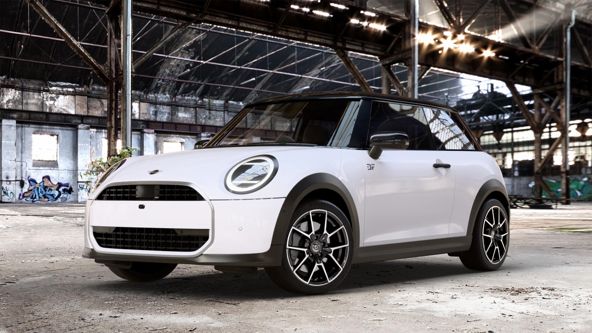 DIEWE WHEELS NEVE Black Diamond Felge mit Reifen silber schwarz in 17Zoll Winterfelge Alufelge auf weissem Mini F66 Typ FM6 (3-Türer Limousine) 1,5l Cooper C 100kW (136 PS) 115kW (156 2,0l S 150kW (204 JCW 170kW (231 ⬇️ mit 15mm Tieferlegung ⬇️ Old Industrial Hall_max_4400mm_2024 Frontansicht_1