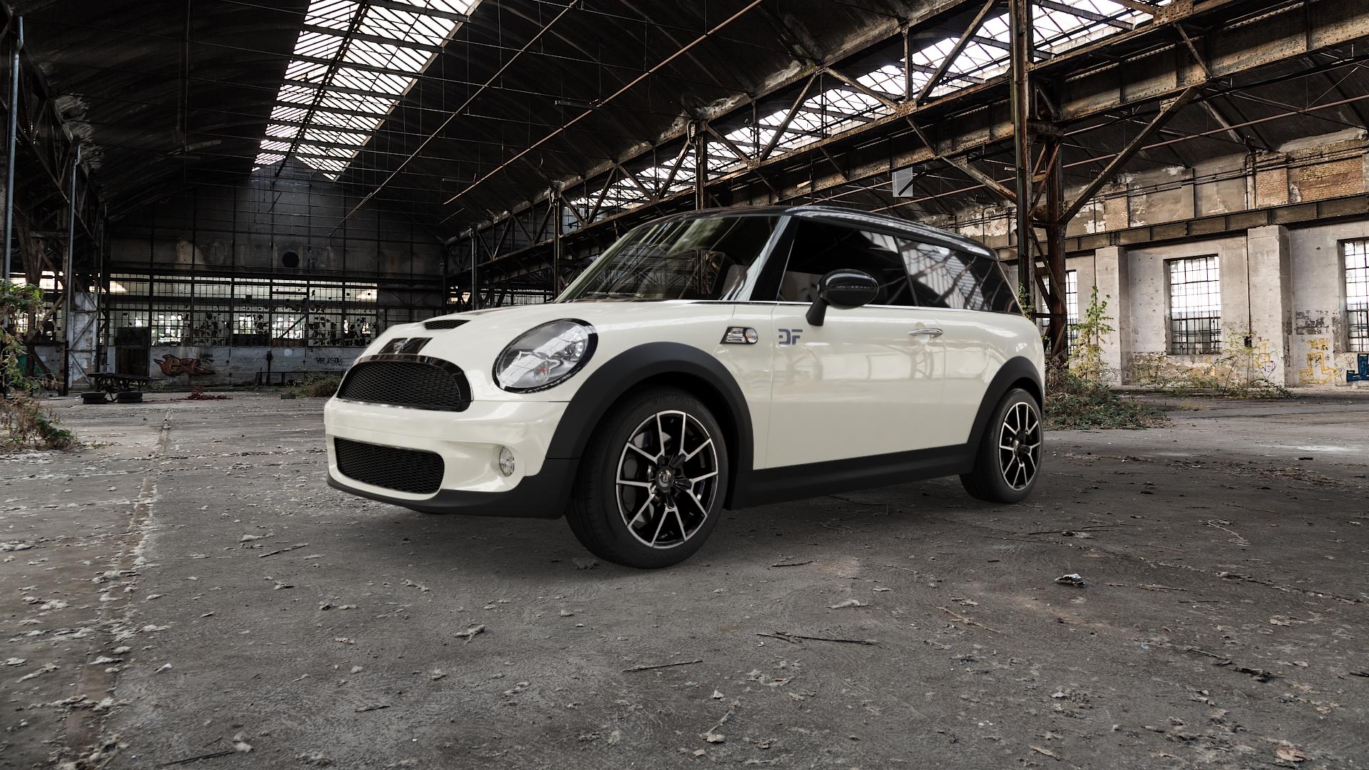 DIEWE WHEELS NEVE Black Diamond Felge mit Reifen silber schwarz in 17Zoll Winterfelge Alufelge auf weissem Mini R55 Typ UKL-K (Clubman) MINI-N ⬇️ mit 15mm Tieferlegung ⬇️ Old Industrial Hall_max5000mm_2022 Frontansicht_1