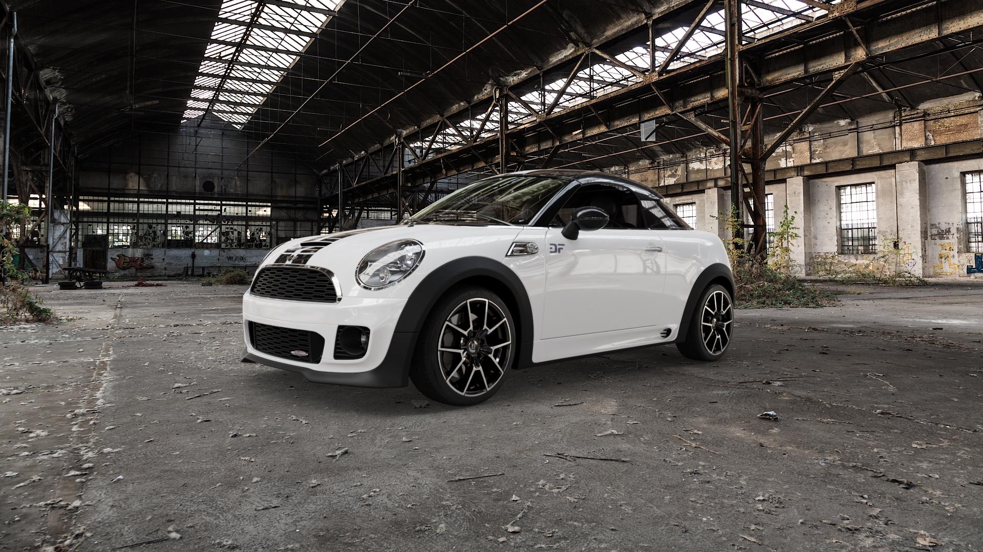 DIEWE WHEELS NEVE Black Diamond Felge mit Reifen silber schwarz in 17Zoll Winterfelge Alufelge auf weissem Mini R58 Typ UKL-C (Coupe) 1,6l Cooper 90kW (122 PS) S 135kW (184 2,0l SD 105kW (143 JCW 155kW (211 ⬇️ mit 15mm Tieferlegung ⬇️ Old Industrial Hall_max5000mm_2022 Frontansicht_1
