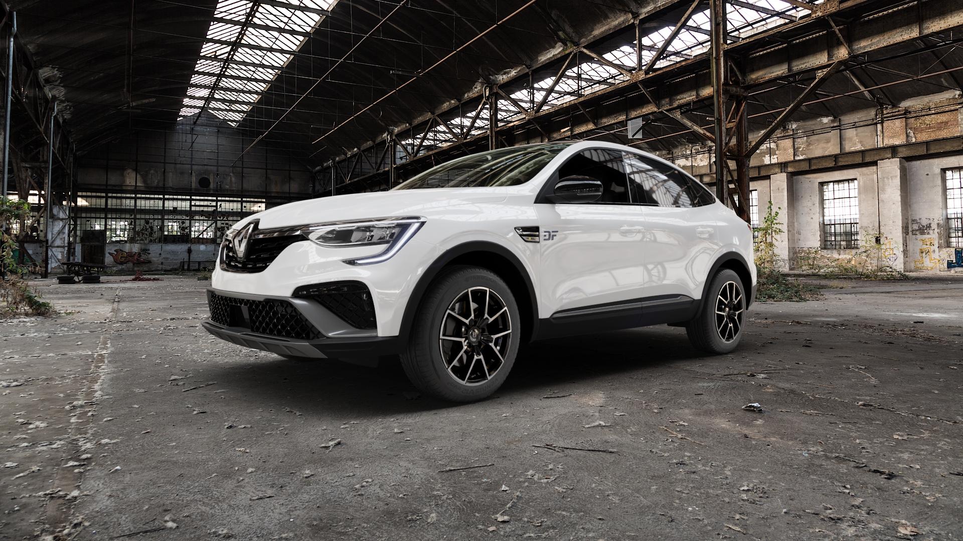 DIEWE WHEELS NEVE Black Diamond Felge mit Reifen silber schwarz in 17Zoll Winterfelge Alufelge auf weissem Renault Arkana ⬇️ mit 15mm Tieferlegung ⬇️ Old Industrial Hall_max5000mm_2022 Frontansicht_1