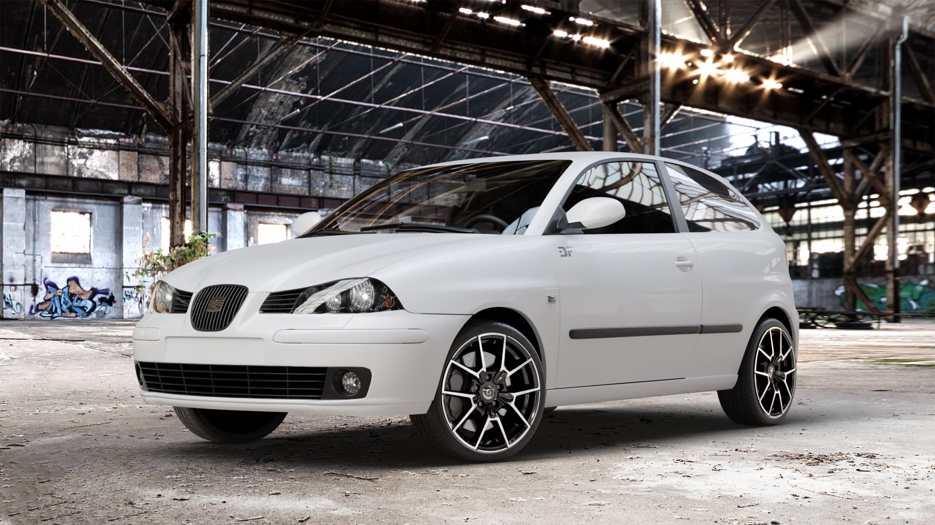 DIEWE WHEELS NEVE Black Diamond Felge mit Reifen silber schwarz in 17Zoll Winterfelge Alufelge auf weissem Seat Ibiza III Typ 6L ⬇️ mit 15mm Tieferlegung ⬇️ Old Industrial Hall_max_4400mm_2024 Frontansicht_1