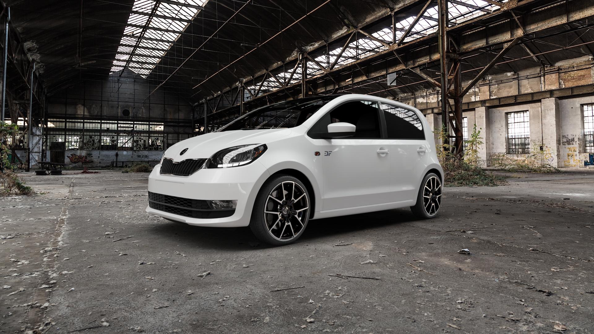 DIEWE WHEELS NEVE Black Diamond Felge mit Reifen silber schwarz in 17Zoll Winterfelge Alufelge auf weissem Skoda Citigo Typ AA Facelift ⬇️ mit 15mm Tieferlegung ⬇️ Old Industrial Hall_max5000mm_2022 Frontansicht_1