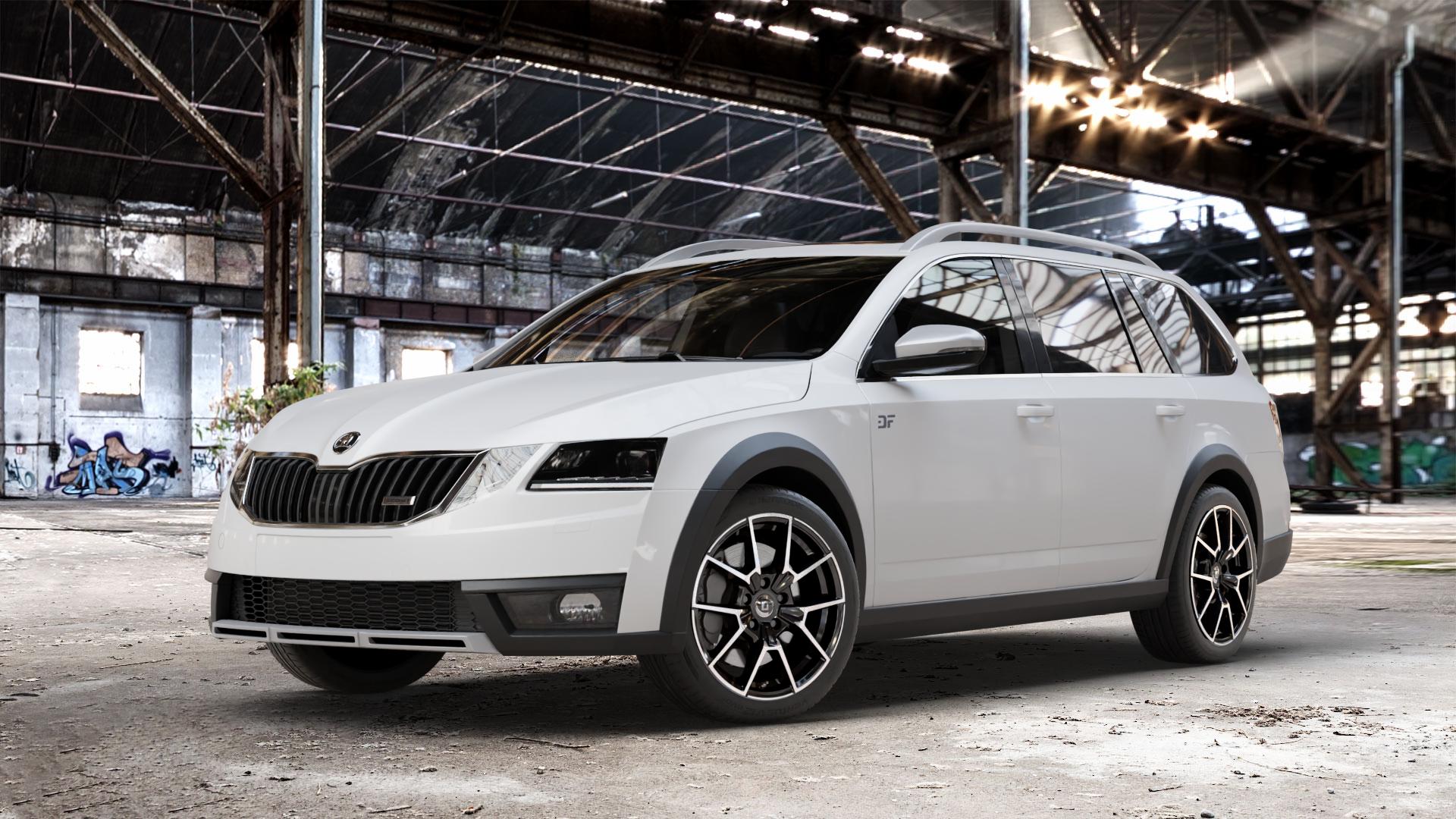 DIEWE WHEELS NEVE Black Diamond Felge mit Reifen silber schwarz in 17Zoll Winterfelge Alufelge auf weissem Skoda Octavia III Scout Typ 5E Facelift ⬇️ mit 15mm Tieferlegung ⬇️ Old Industrial Hall_max_4400mm_2024 Frontansicht_1