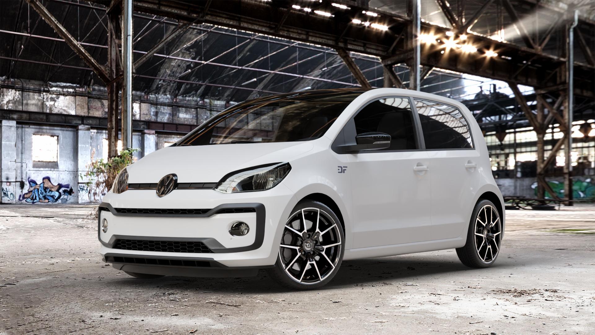 DIEWE WHEELS NEVE Black Diamond Felge mit Reifen silber schwarz in 17Zoll Winterfelge Alufelge auf weissem Volkswagen (VW) UP Facelift ⬇️ mit 15mm Tieferlegung ⬇️ Old Industrial Hall_max_4400mm_2024 Frontansicht_1