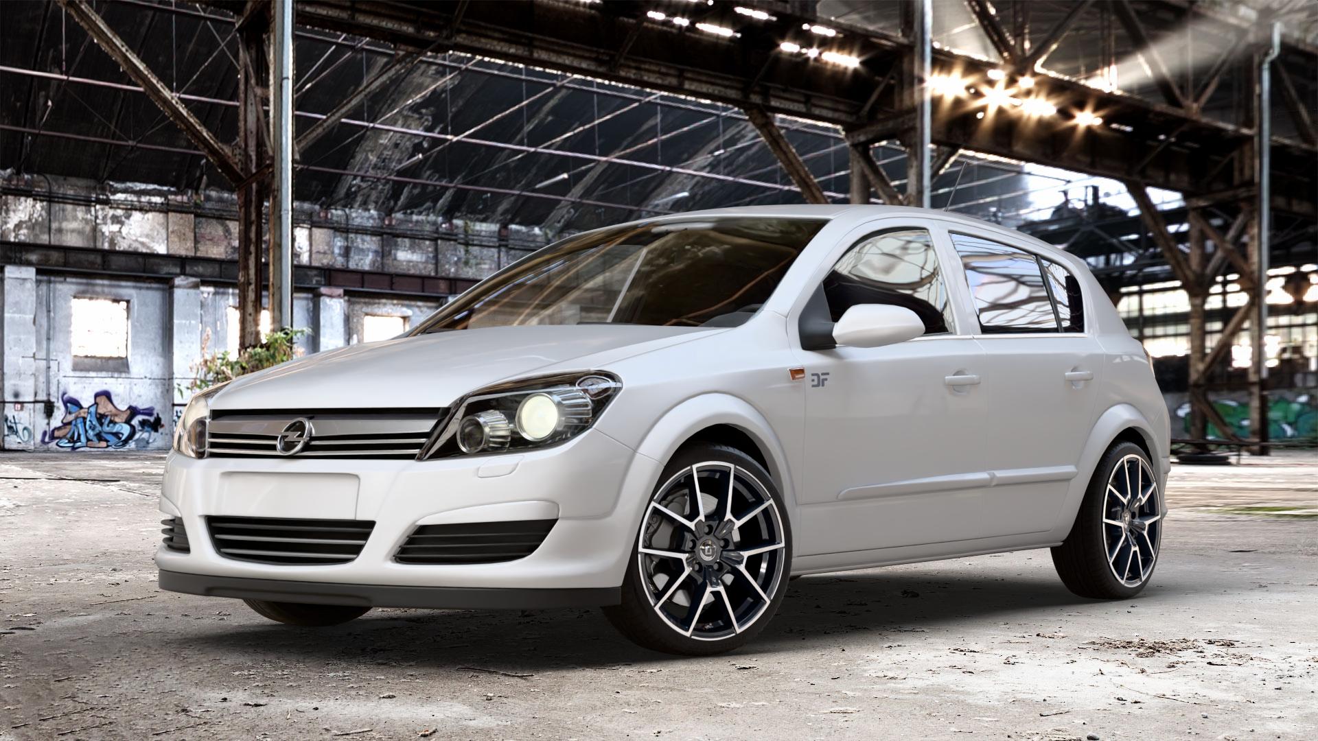 DIEWE WHEELS NEVE Black Diamond Felge mit Reifen silber schwarz in 18Zoll Winterfelge Alufelge auf weissem Opel Astra H Stufenheck Typ A-H/NB ⬇️ mit 15mm Tieferlegung ⬇️ Old Industrial Hall_max_4400mm_2024 Frontansicht_1