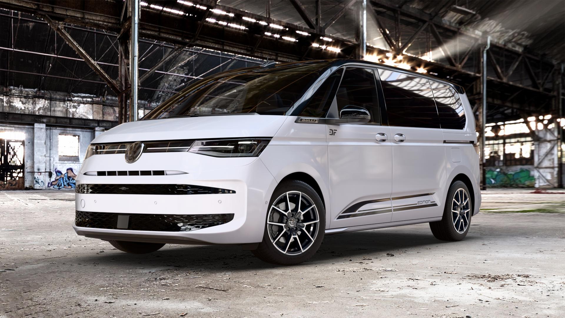 DIEWE WHEELS NEVE Black Diamond Felge mit Reifen silber schwarz in 18Zoll Winterfelge Alufelge auf weissem und schwarzem Volkswagen (VW) T7 Multivan Bus ⬇️ mit 15mm Tieferlegung ⬇️ Old Industrial Hall_max_5300mm_2024 Frontansicht_1