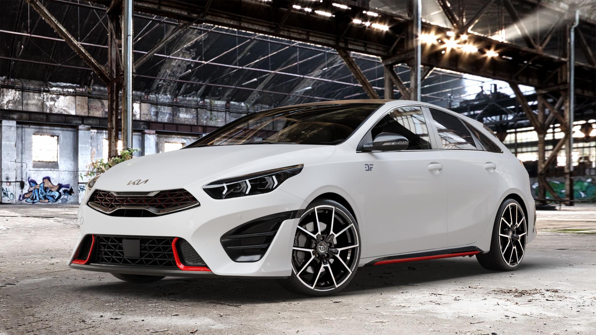 DIEWE WHEELS NEVE Black Diamond Felge mit Reifen silber schwarz in 19Zoll Winterfelge Alufelge auf weissem Kia ProCeed Typ CD Facelift Pro Cee d ⬇️ mit 15mm Tieferlegung ⬇️ Old Industrial Hall_max_4400mm_2024 Frontansicht_1