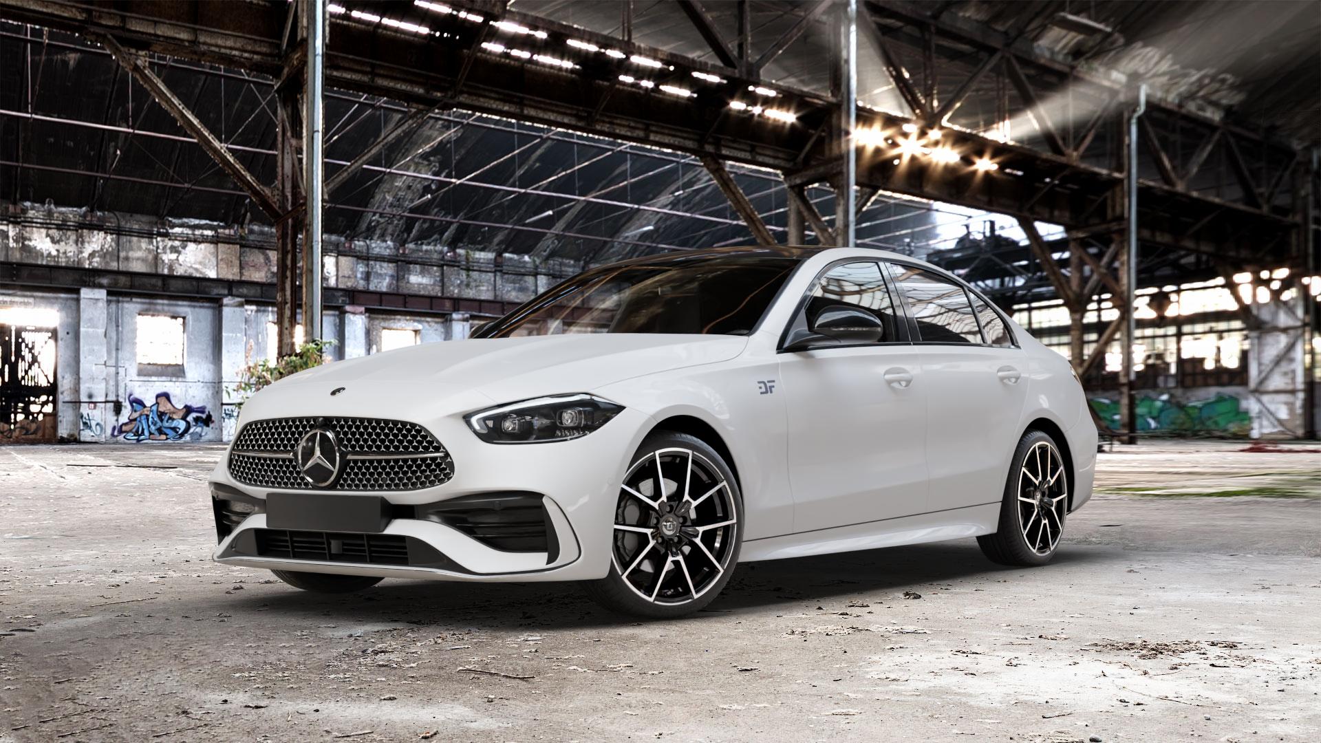 DIEWE WHEELS NEVE Black Diamond Felge mit Reifen silber schwarz in 19Zoll Winterfelge Alufelge auf weissem Mercedes C-Klasse Typ W206 Limousine ⬇️ mit 15mm Tieferlegung ⬇️ Old Industrial Hall_max_5300mm_2024 Frontansicht_1