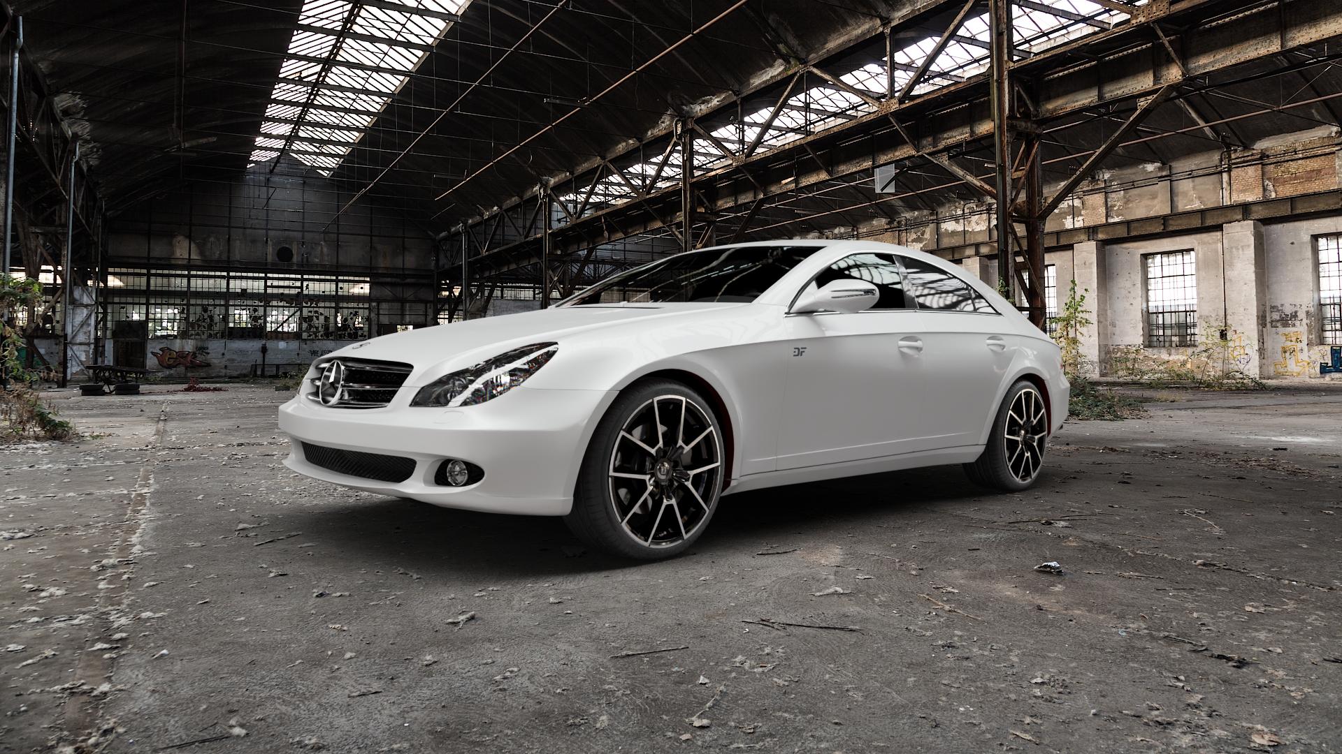 DIEWE WHEELS NEVE Black Diamond Felge mit Reifen silber schwarz in 19Zoll Winterfelge Alufelge auf weissem Mercedes CLS Typ C219 ⬇️ mit 15mm Tieferlegung ⬇️ Old Industrial Hall_max5000mm_2022 Frontansicht_1