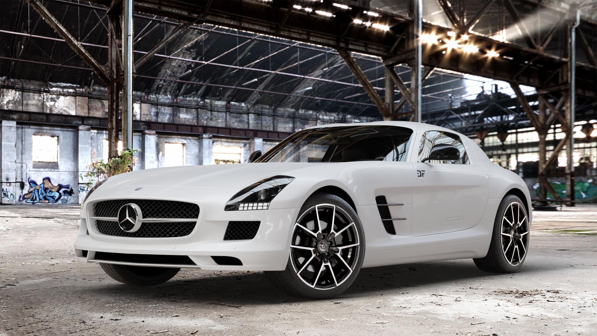 DIEWE WHEELS NEVE Black Diamond Felge mit Reifen silber schwarz in 19Zoll Winterfelge Alufelge auf weissem Mercedes SLS Typ C197 Coupe 6,2l AMG 420kW (571 PS) GT 435kW (591 Black Series 464kW (631 ⬇️ mit 15mm Tieferlegung ⬇️ Old Industrial Hall_max_4400mm_2024 Frontansicht_1