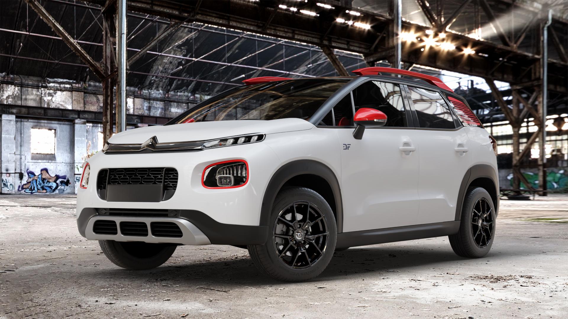 DIEWE WHEELS NEVE Black glossy Felge mit Reifen schwarz in 16Zoll Winterfelge Alufelge auf weissem Citroen C3 Aircross Typ 2 ⬇️ mit 15mm Tieferlegung ⬇️ Old Industrial Hall_max_4400mm_2024 Frontansicht_1