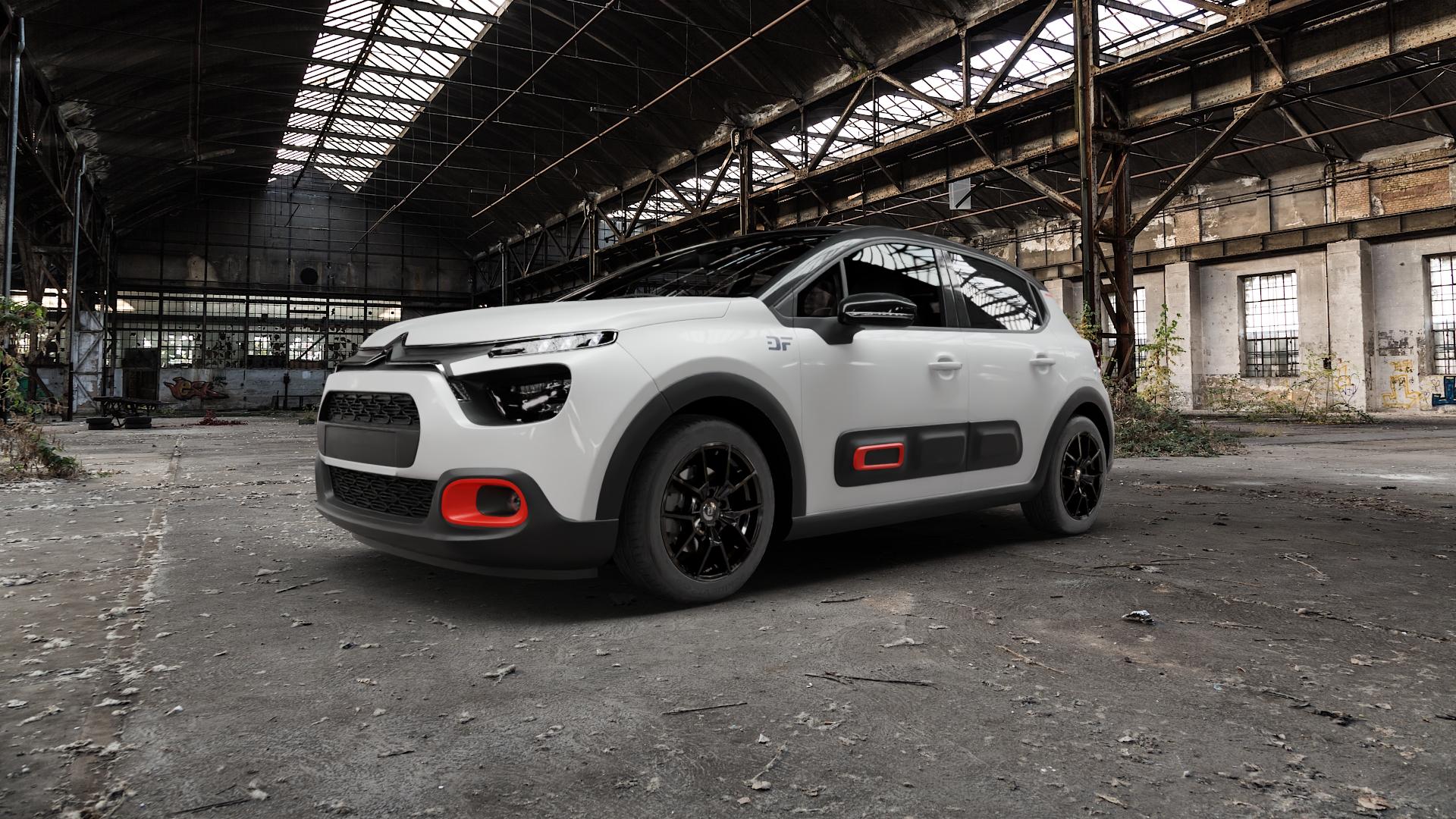 DIEWE WHEELS NEVE Black glossy Felge mit Reifen schwarz in 16Zoll Winterfelge Alufelge auf weissem Citroen C3 III Facelift ⬇️ mit 15mm Tieferlegung ⬇️ Old Industrial Hall_max5000mm_2022 Frontansicht_1