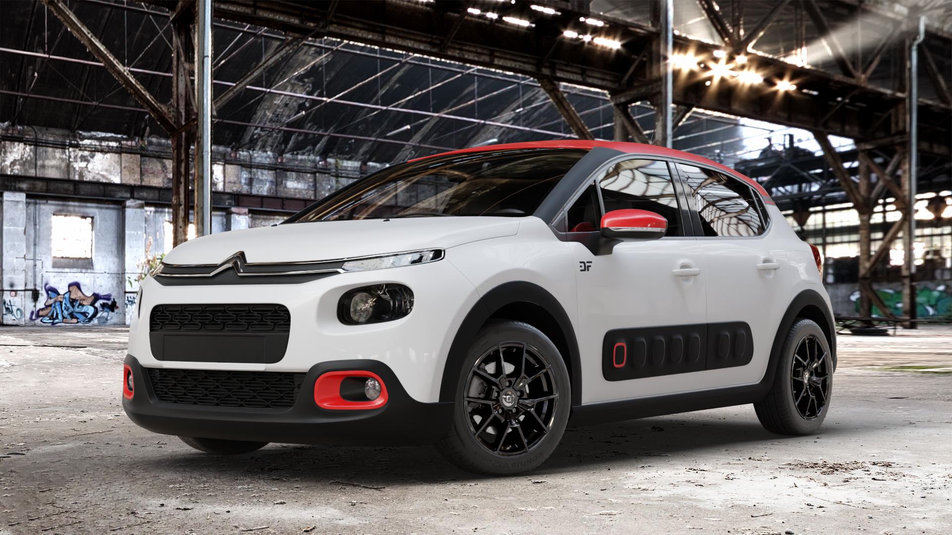 DIEWE WHEELS NEVE Black glossy Felge mit Reifen schwarz in 16Zoll Winterfelge Alufelge auf weissem Citroen C3 III ⬇️ mit 15mm Tieferlegung ⬇️ Old Industrial Hall_max_4400mm_2024 Frontansicht_1