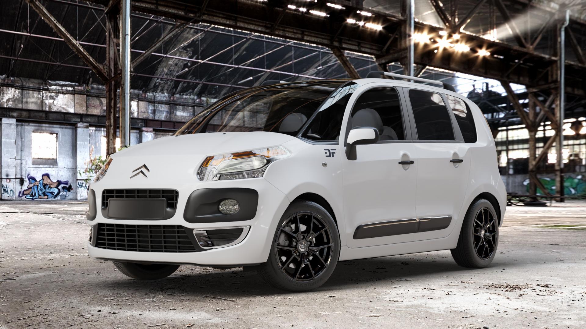 DIEWE WHEELS NEVE Black glossy Felge mit Reifen schwarz in 16Zoll Winterfelge Alufelge auf weissem Citroen C3 Picasso ⬇️ mit 15mm Tieferlegung ⬇️ Old Industrial Hall_max_4400mm_2024 Frontansicht_1
