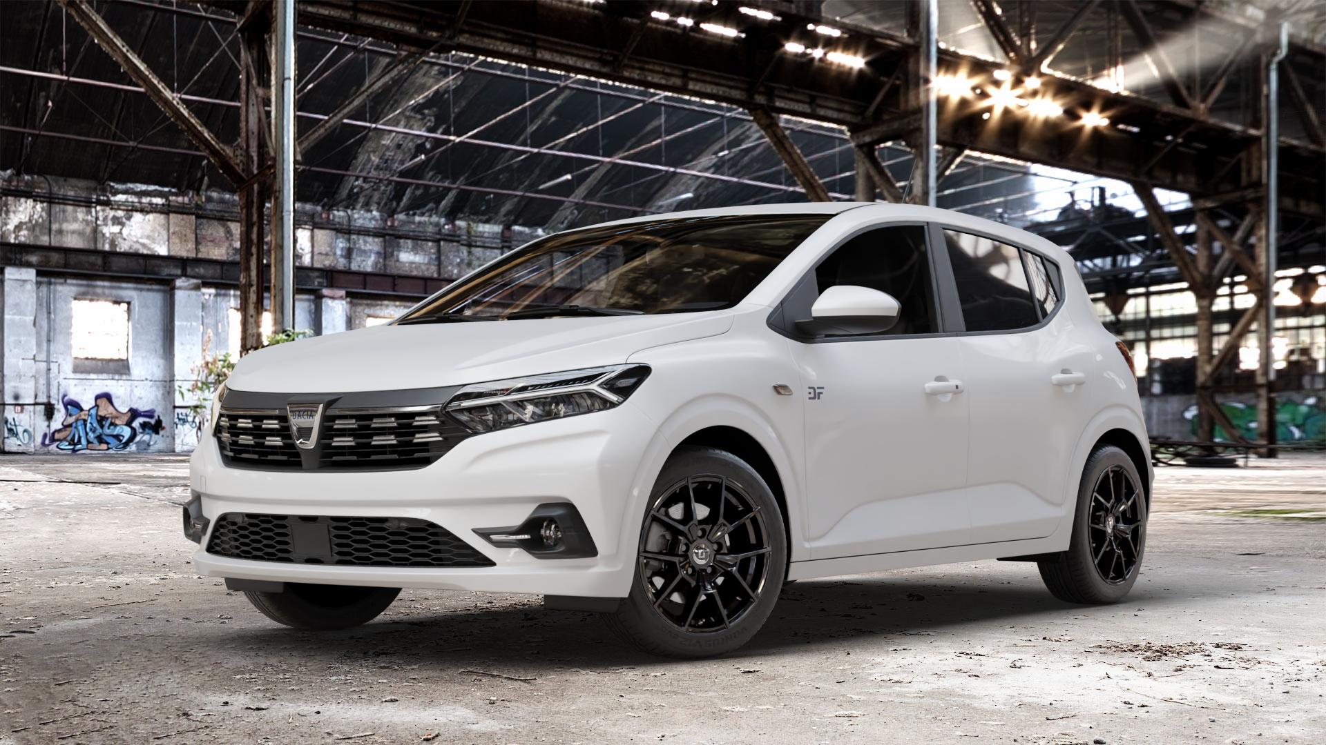 DIEWE WHEELS NEVE Black glossy Felge mit Reifen schwarz in 16Zoll Winterfelge Alufelge auf weissem Dacia Sandero III Typ DJF ⬇️ mit 15mm Tieferlegung ⬇️ Old Industrial Hall_max_4400mm_2024 Frontansicht_1