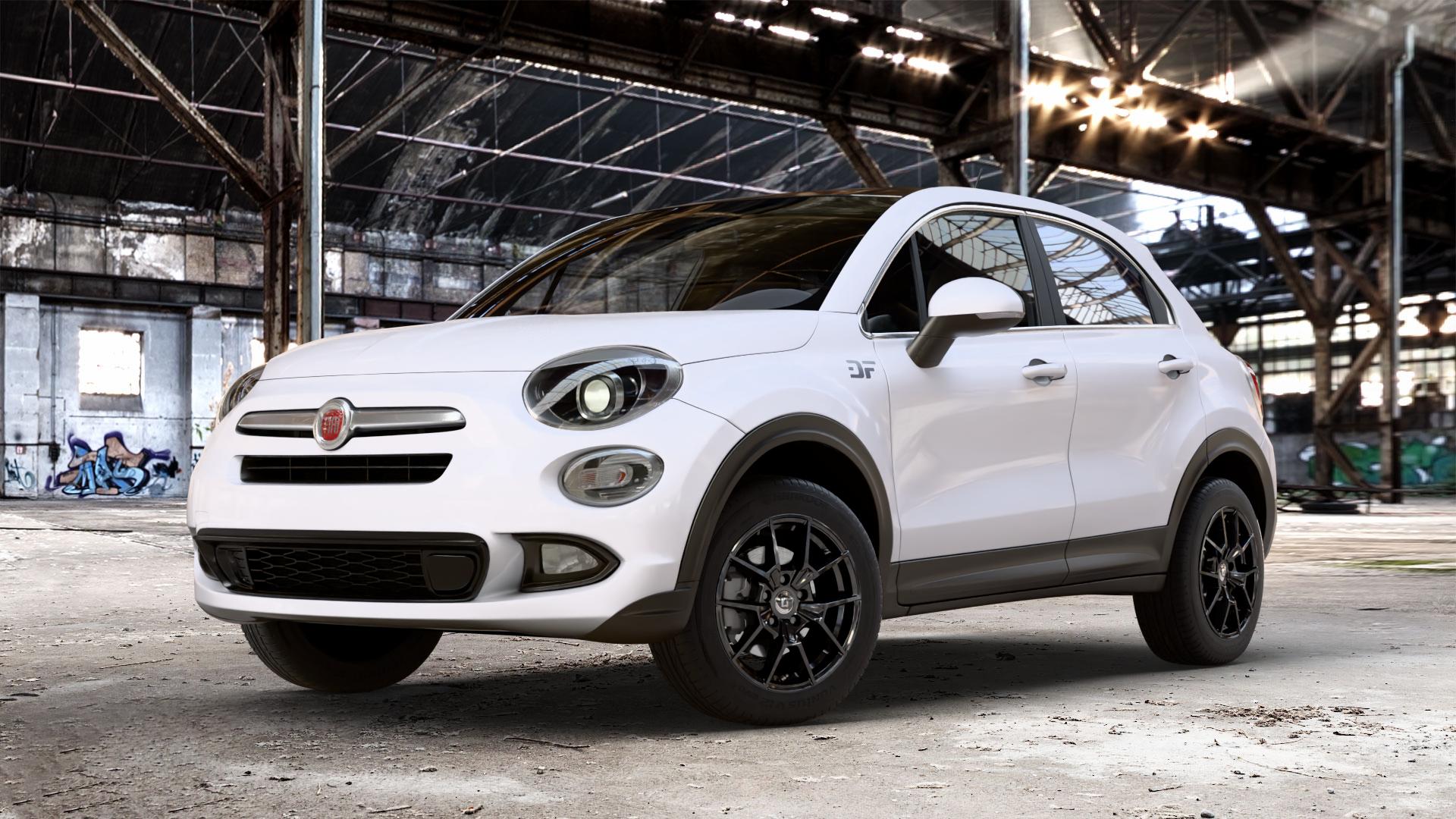 DIEWE WHEELS NEVE Black glossy Felge mit Reifen schwarz in 16Zoll Winterfelge Alufelge auf weissem Fiat 500 X City Off-Road Typ 334 Facelift ⬇️ mit 15mm Tieferlegung ⬇️ Old Industrial Hall_max_4400mm_2024 Frontansicht_1