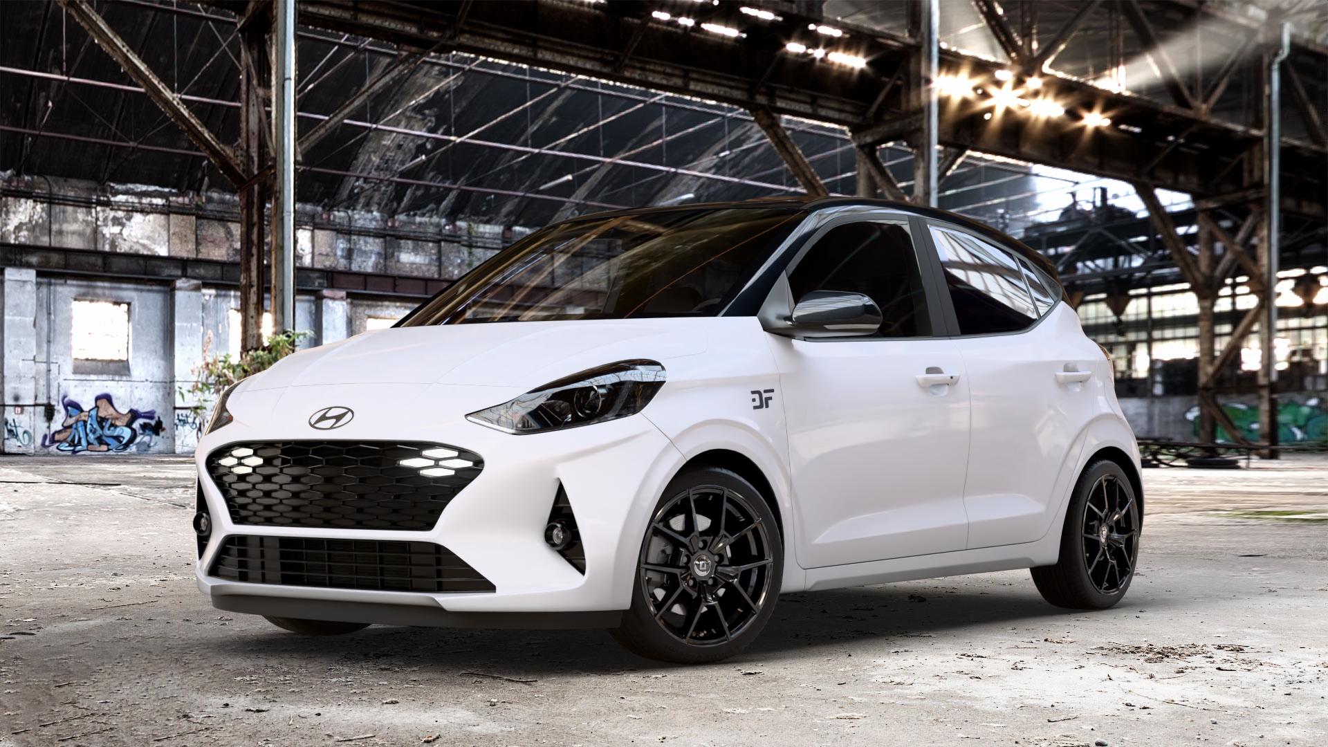 DIEWE WHEELS NEVE Black glossy Felge mit Reifen schwarz in 16Zoll Winterfelge Alufelge auf weissem Hyundai i10 Typ AC3 Facelift ⬇️ mit 15mm Tieferlegung ⬇️ Old Industrial Hall_max_4400mm_2024 Frontansicht_1