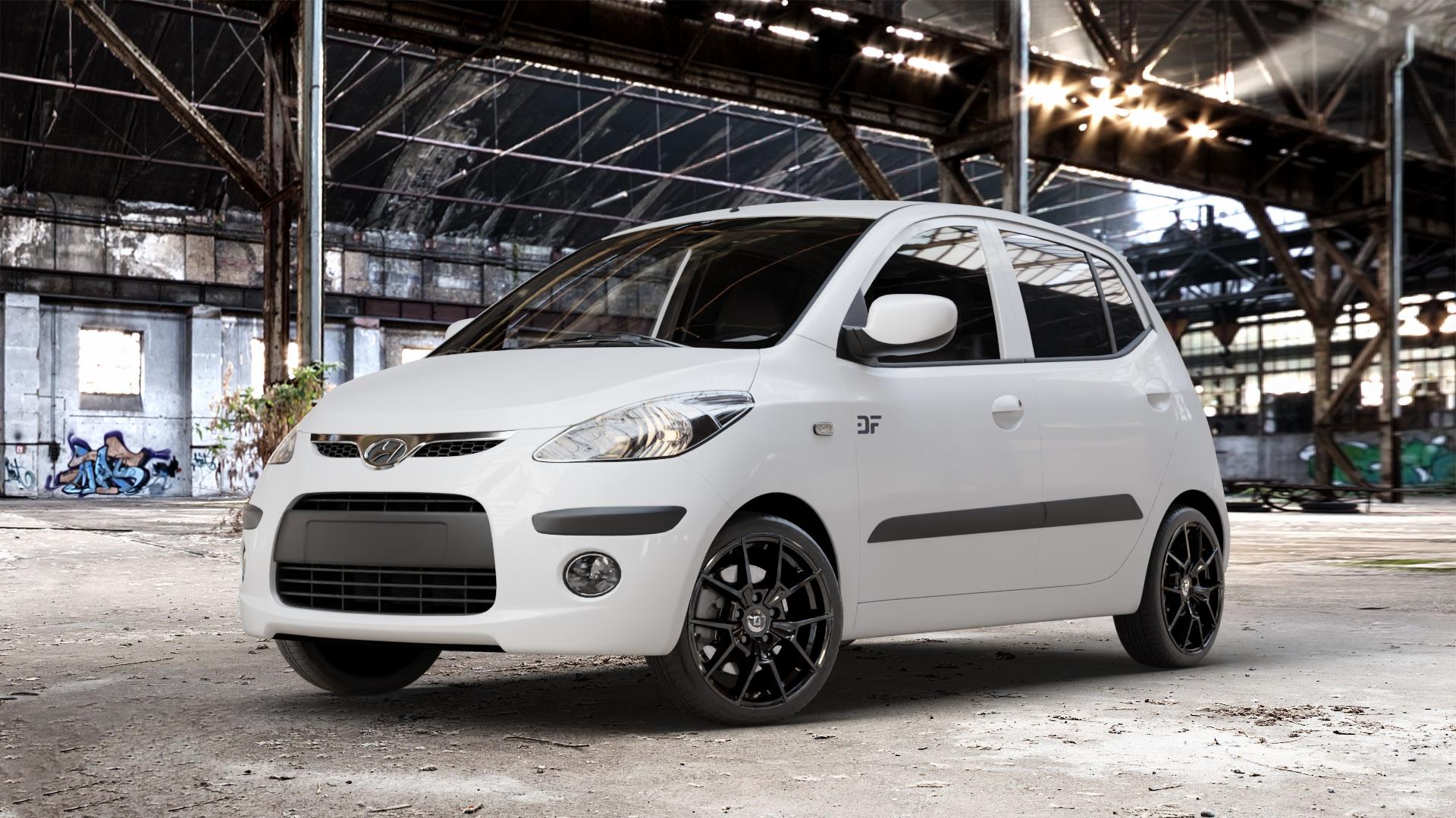 DIEWE WHEELS NEVE Black glossy Felge mit Reifen schwarz in 16Zoll Winterfelge Alufelge auf weissem Hyundai i10 Typ PA ⬇️ mit 15mm Tieferlegung ⬇️ Old Industrial Hall_max_4400mm_2024 Frontansicht_1