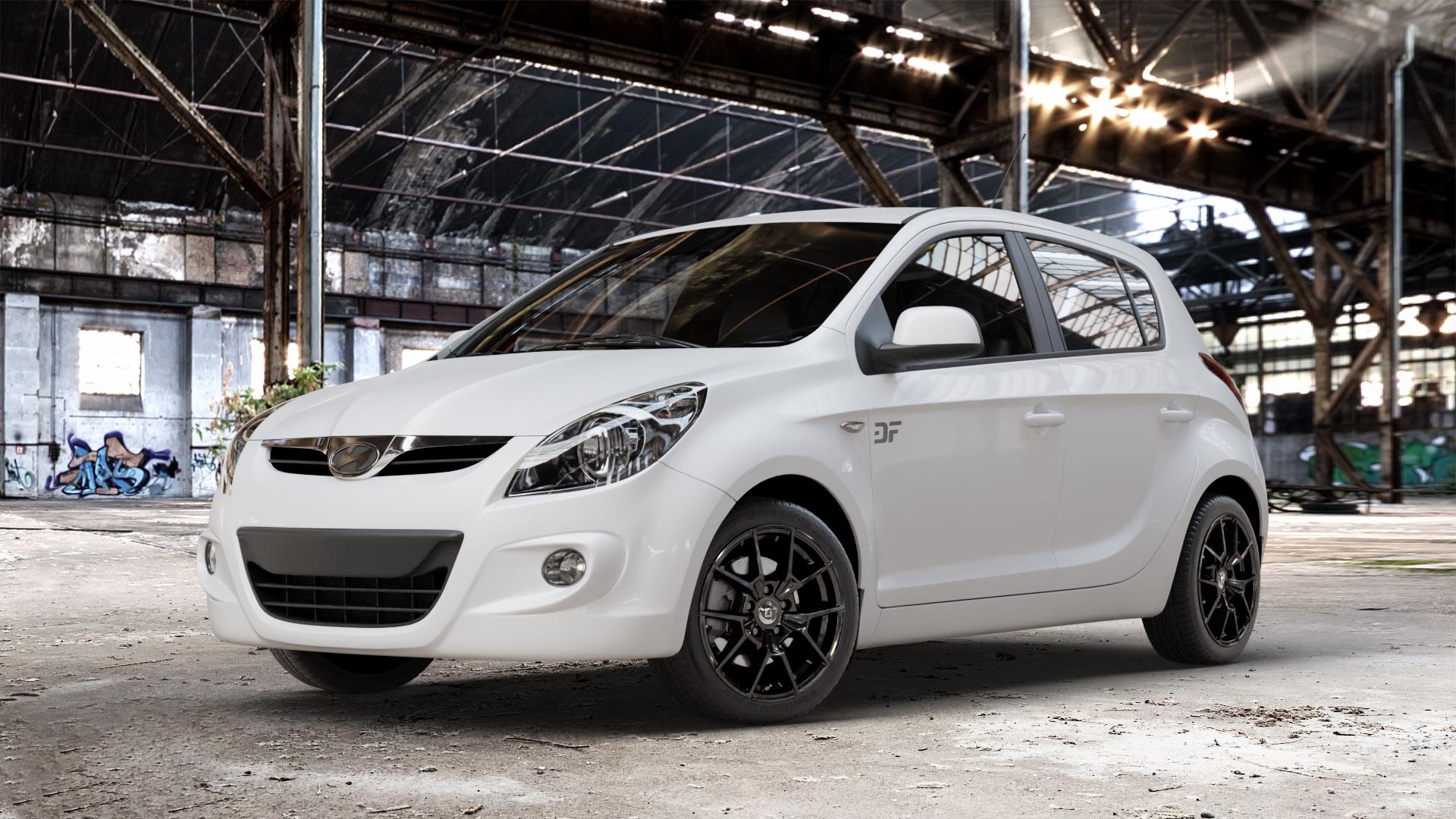 DIEWE WHEELS NEVE Black glossy Felge mit Reifen schwarz in 16Zoll Winterfelge Alufelge auf weissem Hyundai i20 Typ PB, PBT (08-12) ⬇️ mit 15mm Tieferlegung ⬇️ Old Industrial Hall_max_4400mm_2024 Frontansicht_1