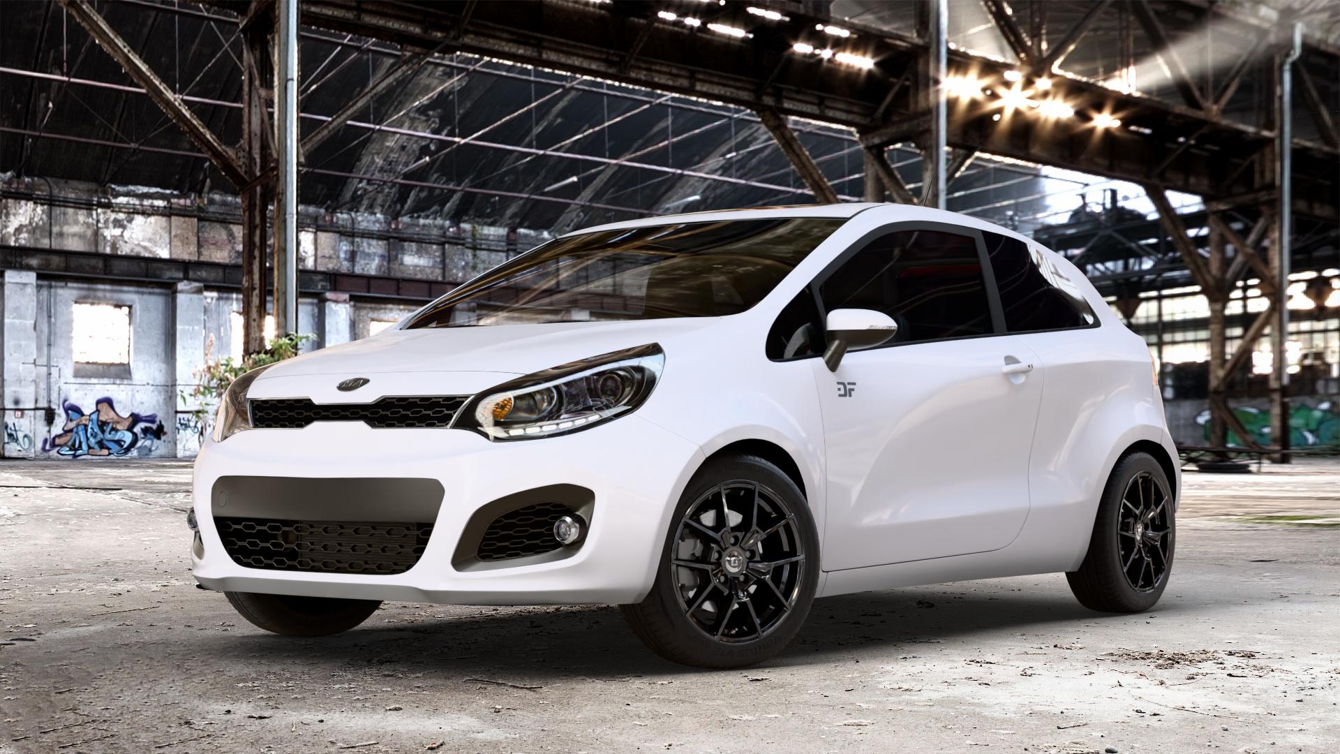 DIEWE WHEELS NEVE Black glossy Felge mit Reifen schwarz in 16Zoll Winterfelge Alufelge auf weissem Kia Rio III Typ UB ⬇️ mit 15mm Tieferlegung ⬇️ Old Industrial Hall_max_4400mm_2024 Frontansicht_1