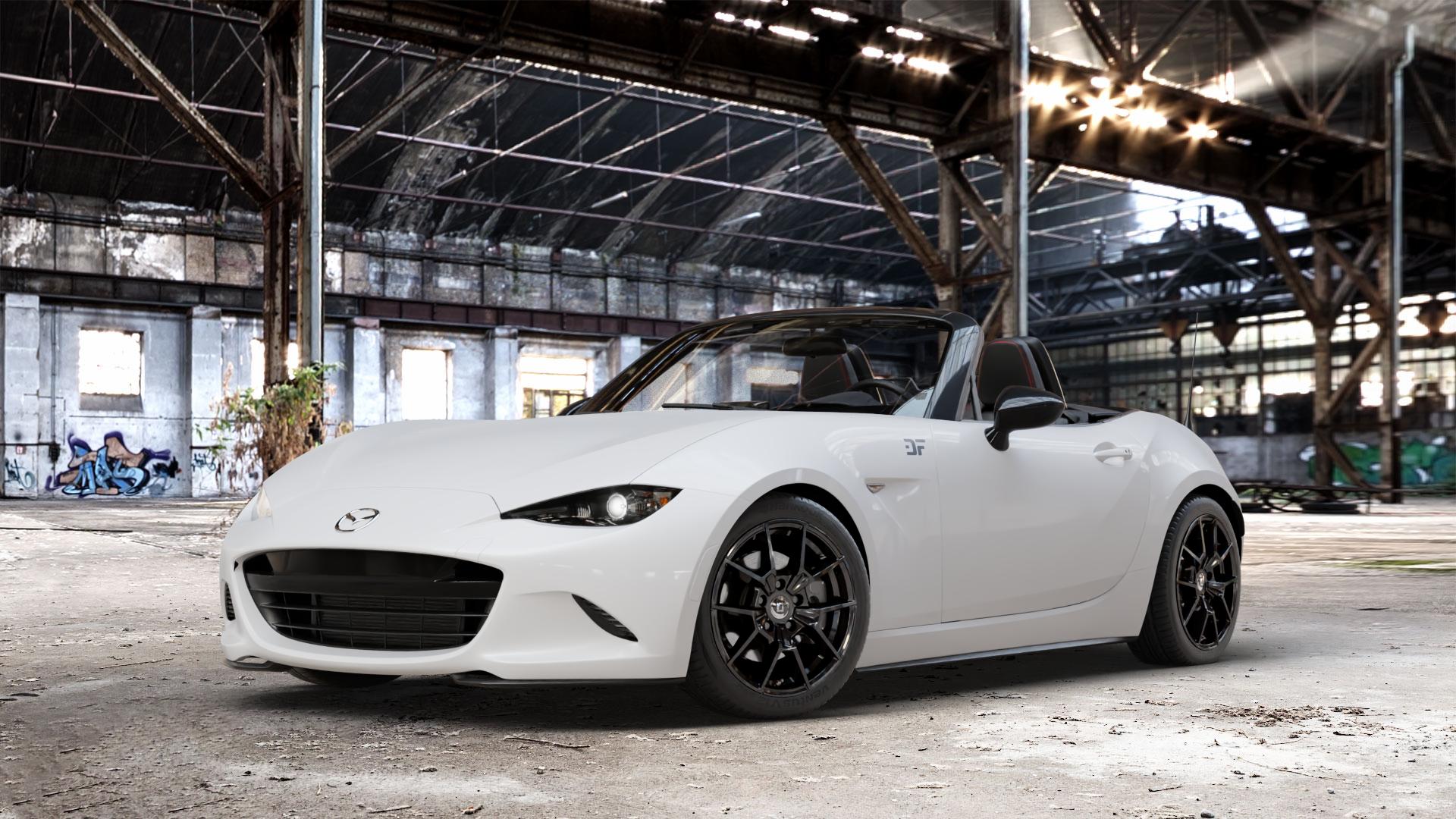 DIEWE WHEELS NEVE Black glossy Felge mit Reifen schwarz in 16Zoll Winterfelge Alufelge auf weissem Mazda MX-5 IV (ND) ⬇️ mit 15mm Tieferlegung ⬇️ Old Industrial Hall_max_4400mm_2024 Frontansicht_1