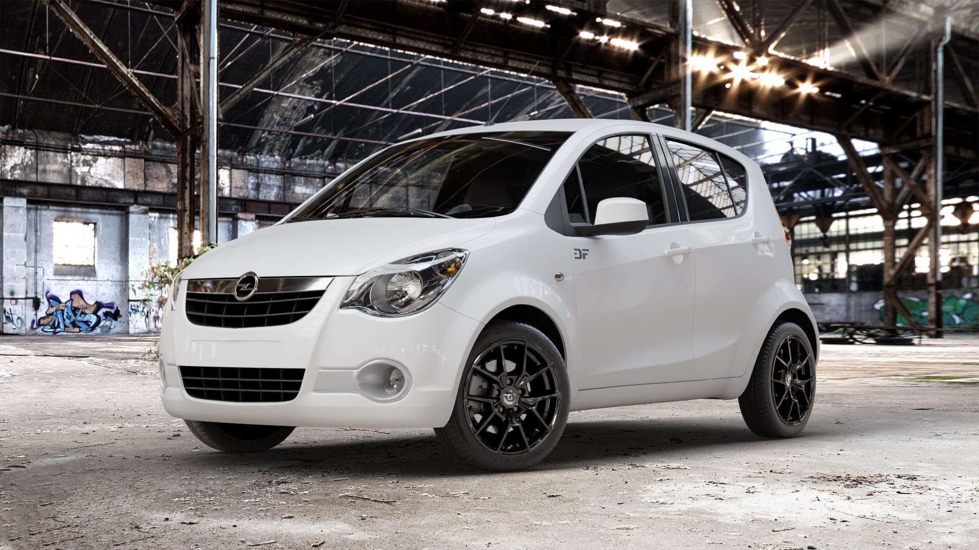 DIEWE WHEELS NEVE Black glossy Felge mit Reifen schwarz in 16Zoll Winterfelge Alufelge auf weissem Opel Agila Typ H-B ⬇️ mit 15mm Tieferlegung ⬇️ Old Industrial Hall_max_4400mm_2024 Frontansicht_1