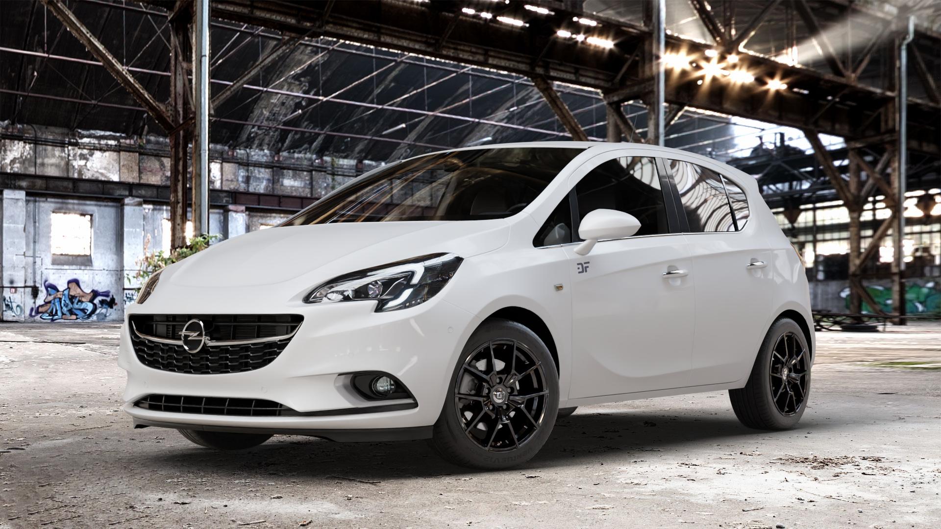 DIEWE WHEELS NEVE Black glossy Felge mit Reifen schwarz in 16Zoll Winterfelge Alufelge auf weissem Opel Corsa E Typ S-D ⬇️ mit 15mm Tieferlegung ⬇️ Old Industrial Hall_max_4400mm_2024 Frontansicht_1