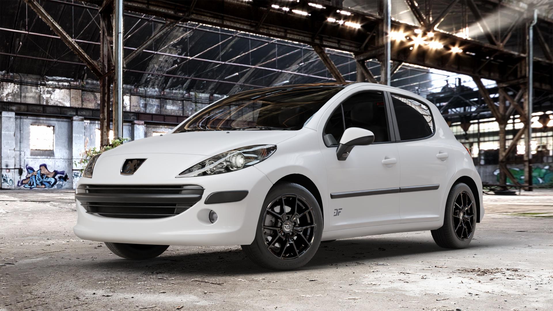 DIEWE WHEELS NEVE Black glossy Felge mit Reifen schwarz in 16Zoll Winterfelge Alufelge auf weissem Peugeot 207 SW Facelift ⬇️ mit 15mm Tieferlegung ⬇️ Old Industrial Hall_max_4400mm_2024 Frontansicht_1