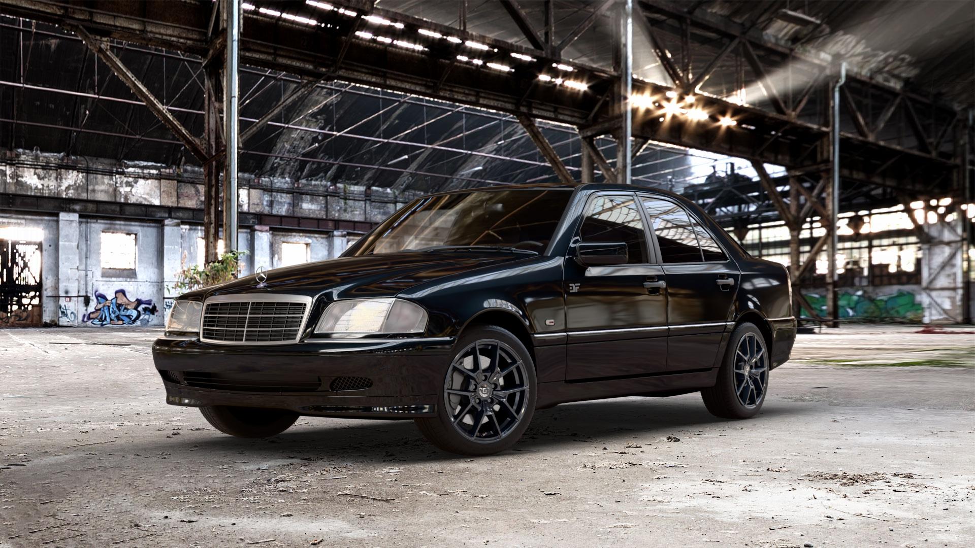 DIEWE WHEELS NEVE Black glossy Felge mit Reifen schwarz in 17Zoll Winterfelge Alufelge auf metallic schwarzem Mercedes C-Klasse Typ W202 Limousine ⬇️ mit 15mm Tieferlegung ⬇️ Old Industrial Hall_max_5300mm_2024 Frontansicht_1