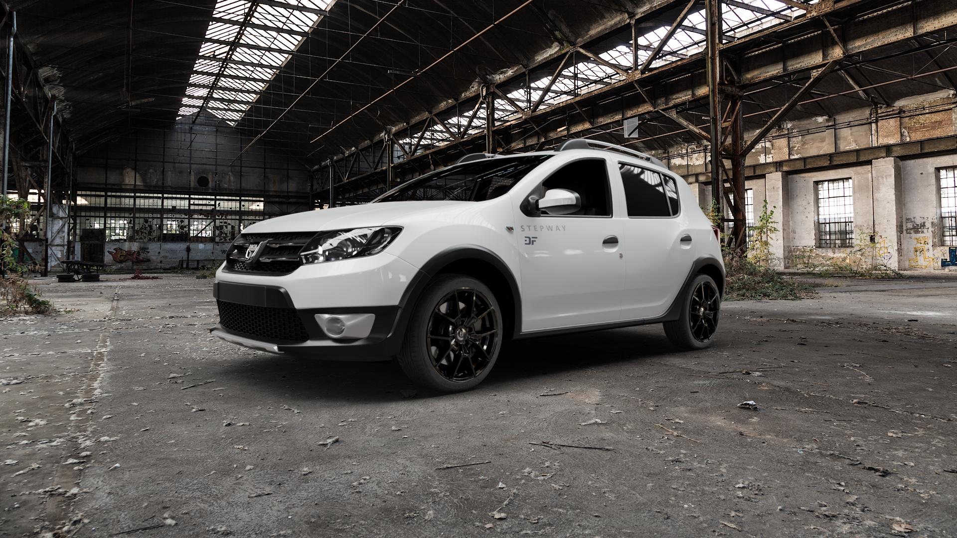 DIEWE WHEELS NEVE Black glossy Felge mit Reifen schwarz in 17Zoll Winterfelge Alufelge auf weissem Dacia Sandero Stepway II Typ SD ⬇️ mit 15mm Tieferlegung ⬇️ Old Industrial Hall_max5000mm_2022 Frontansicht_1
