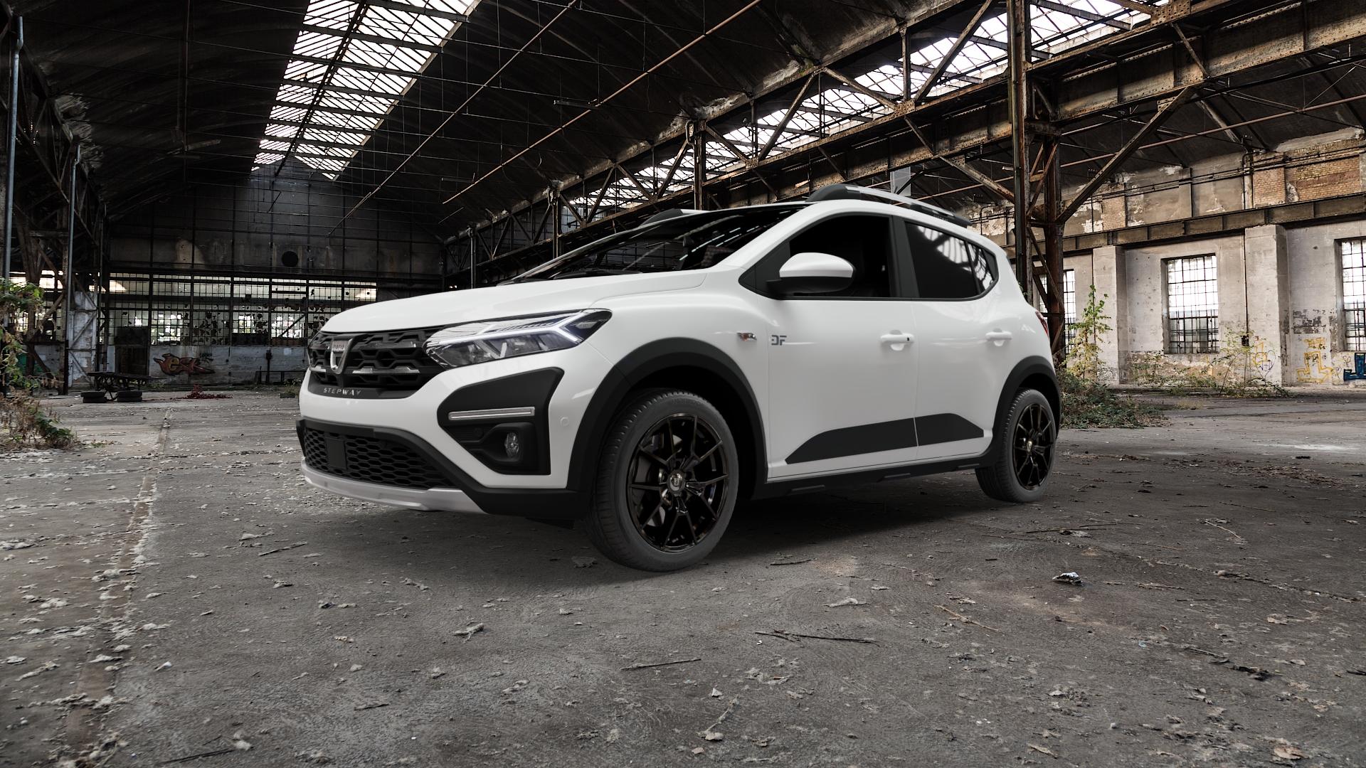 DIEWE WHEELS NEVE Black glossy Felge mit Reifen schwarz in 17Zoll Winterfelge Alufelge auf weissem Dacia Sandero Stepway III Typ DJF ⬇️ mit 15mm Tieferlegung ⬇️ Old Industrial Hall_max5000mm_2022 Frontansicht_1