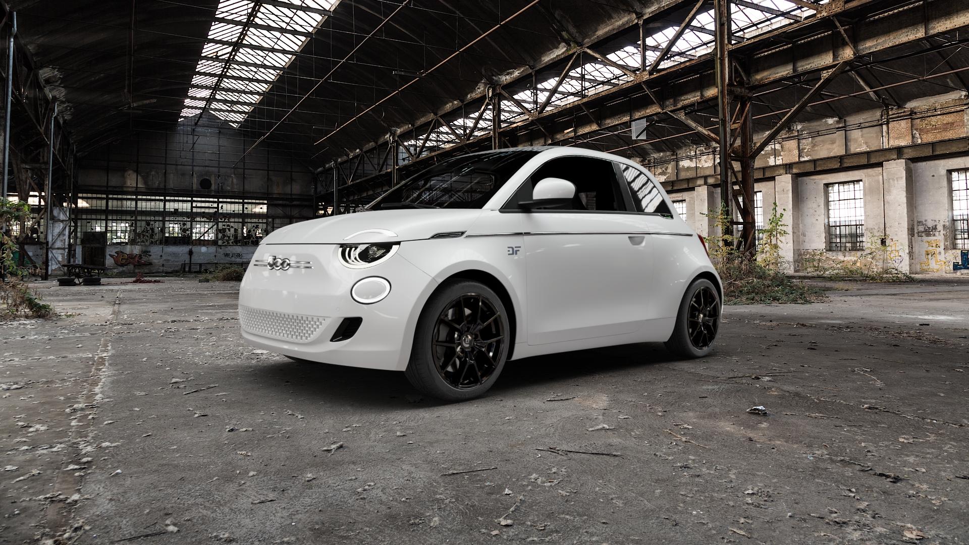 DIEWE WHEELS NEVE Black glossy Felge mit Reifen schwarz in 17Zoll Winterfelge Alufelge auf weissem Fiat 500e Typ FA1 Cabrio ⬇️ mit 15mm Tieferlegung ⬇️ Old Industrial Hall_max5000mm_2022 Frontansicht_1
