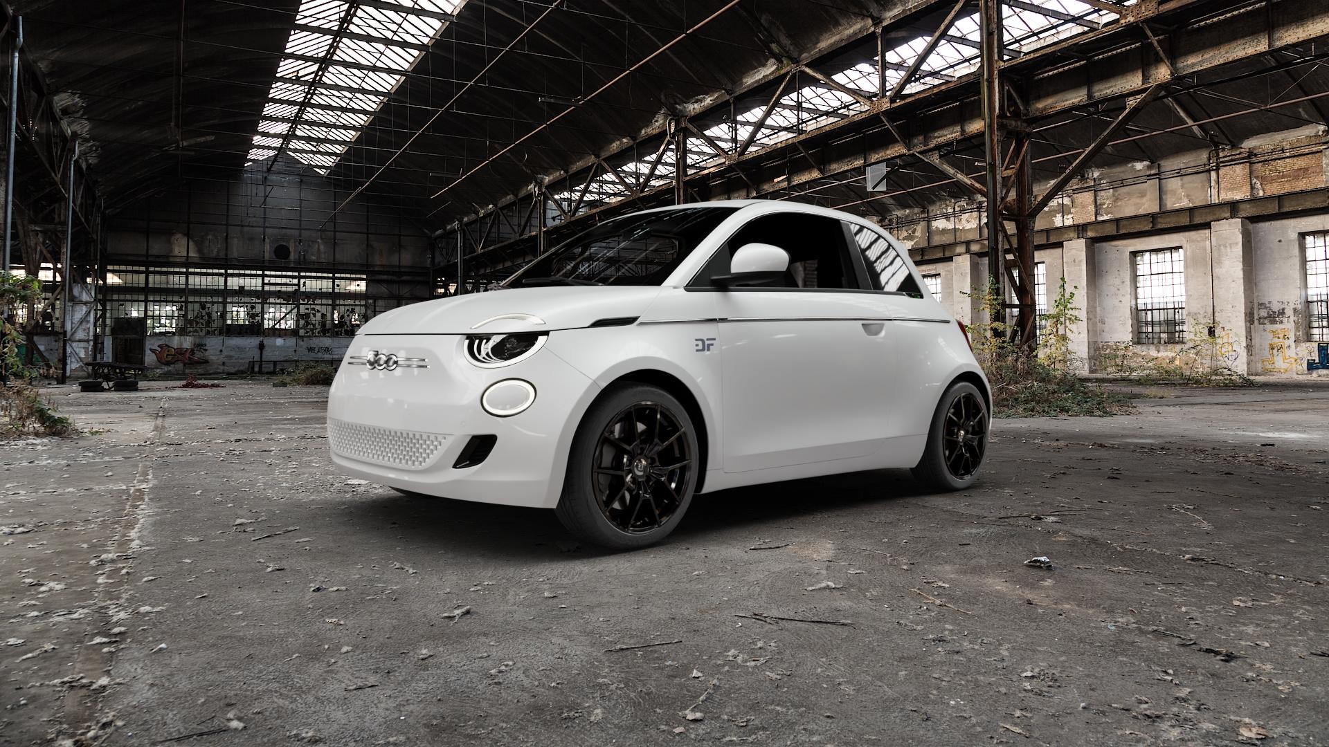 DIEWE WHEELS NEVE Black glossy Felge mit Reifen schwarz in 17Zoll Winterfelge Alufelge auf weissem Fiat 500e Typ FA1 Limousine 500 Hybrid ⬇️ mit 15mm Tieferlegung ⬇️ Old Industrial Hall_max5000mm_2022 Frontansicht_1