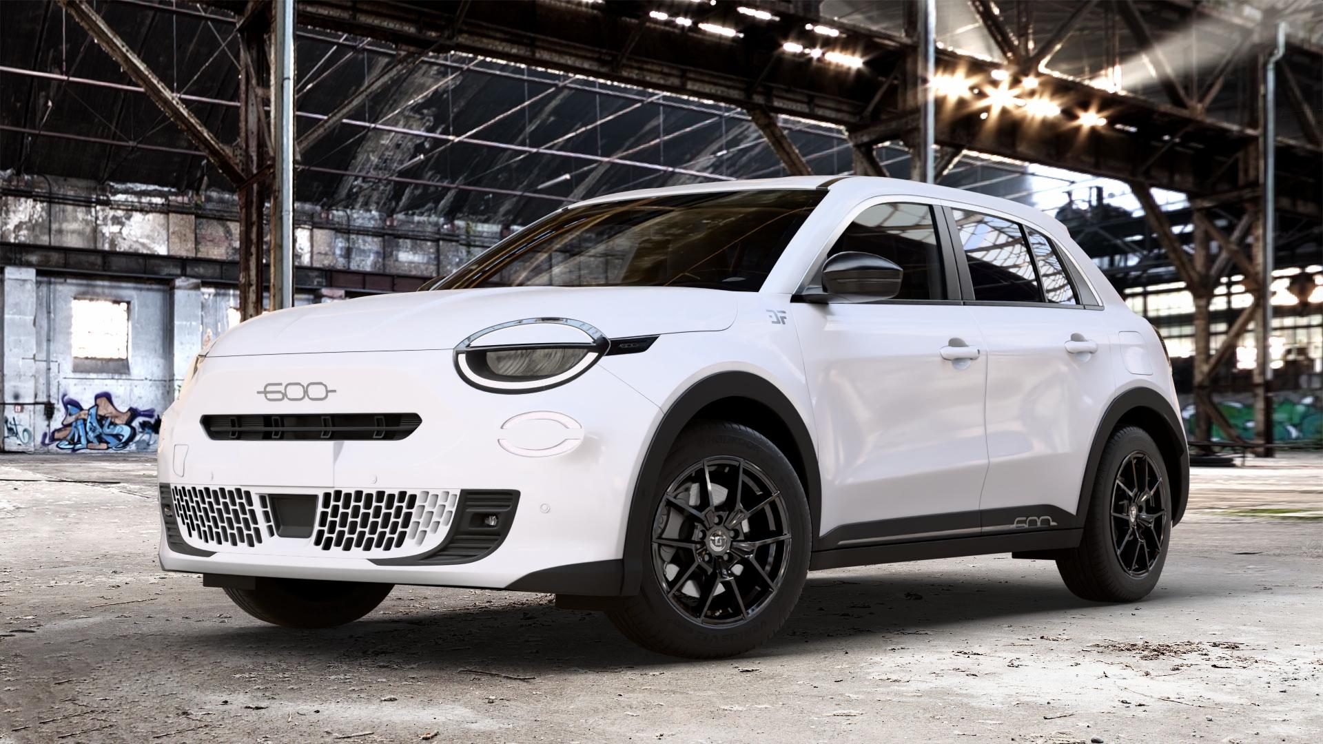 DIEWE WHEELS NEVE Black glossy Felge mit Reifen schwarz in 17Zoll Winterfelge Alufelge auf weissem Fiat 600e Typ FH1 0,0l 62kW (84 PS) ⬇️ mit 15mm Tieferlegung ⬇️ Old Industrial Hall_max_4400mm_2024 Frontansicht_1